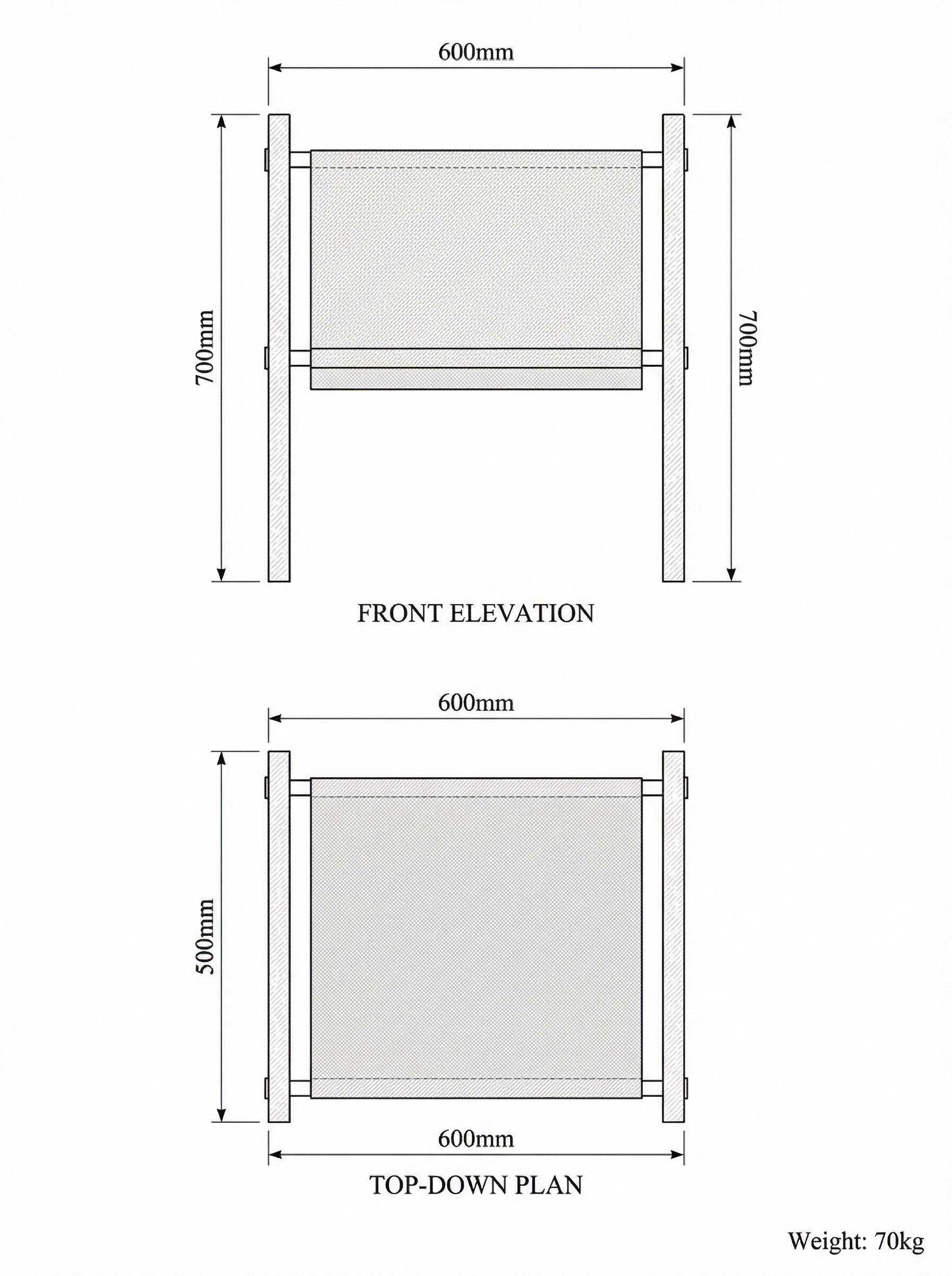 Ana chair technical drawing — front elevation and top-down plan with dimensions