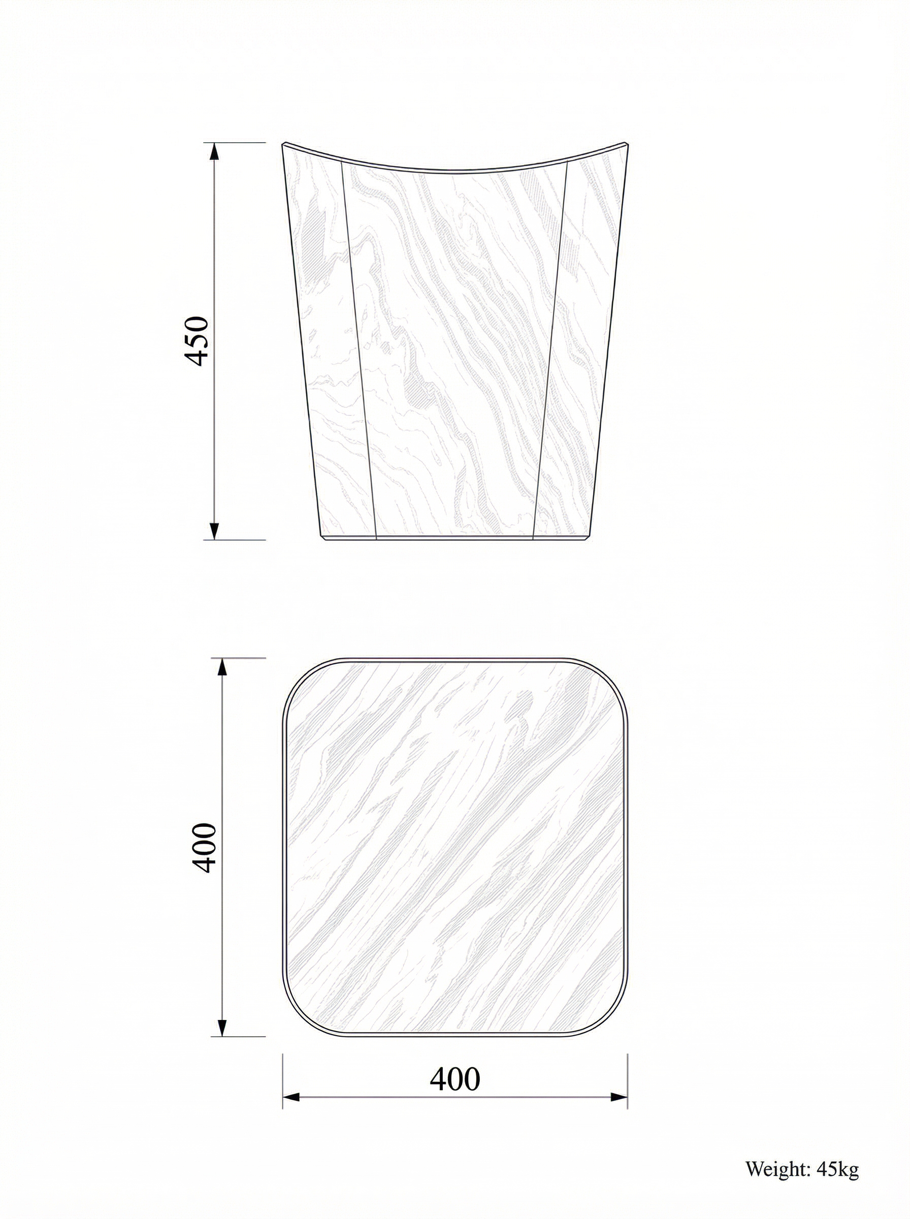 Cono technical drawing — elevation and plan with dimensions