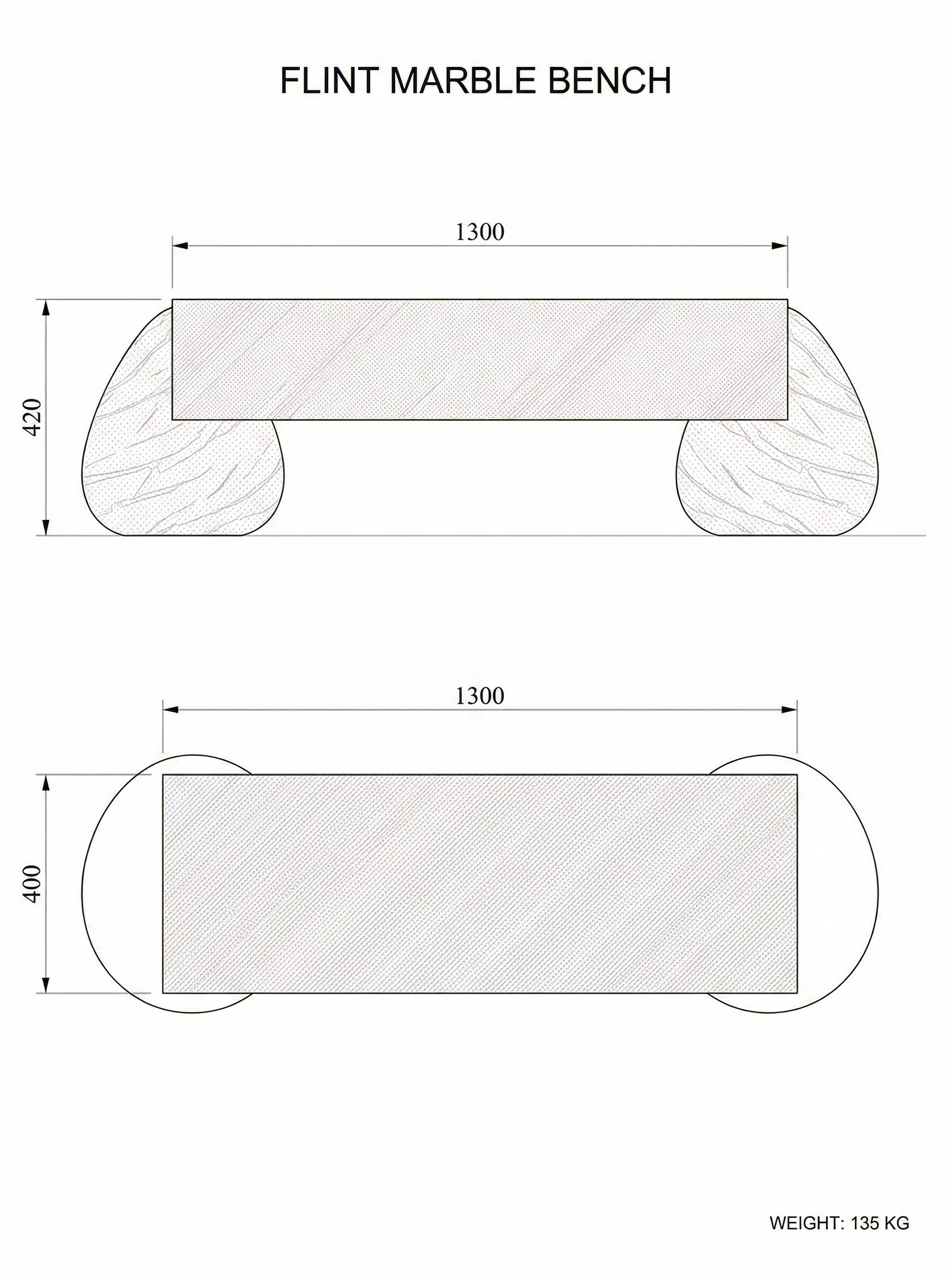 Flint technical drawing — elevation and plan with dimensions