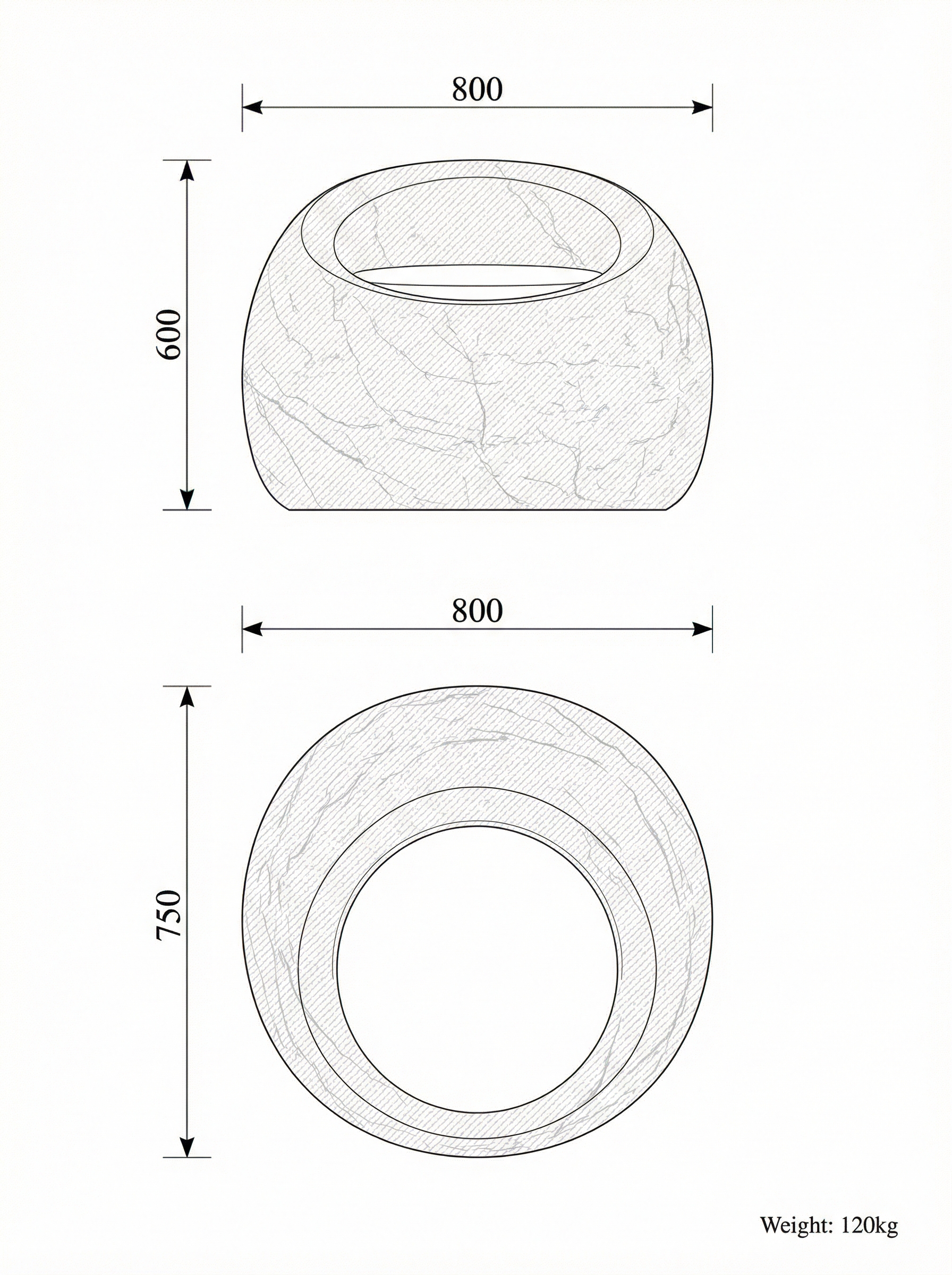 Gesto technical drawing — elevation and plan with dimensions