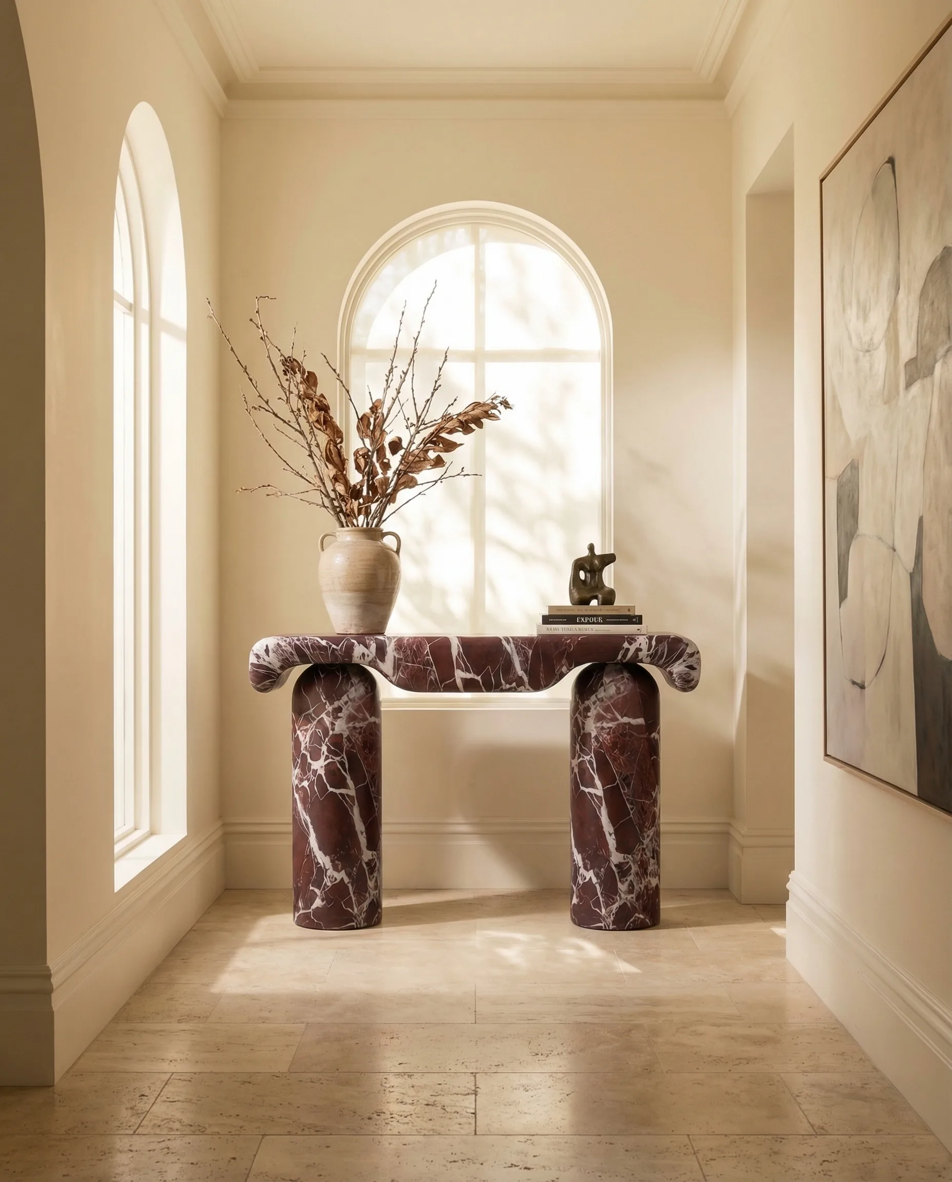 Voluta Console — sculptural marble console with sweeping curved form