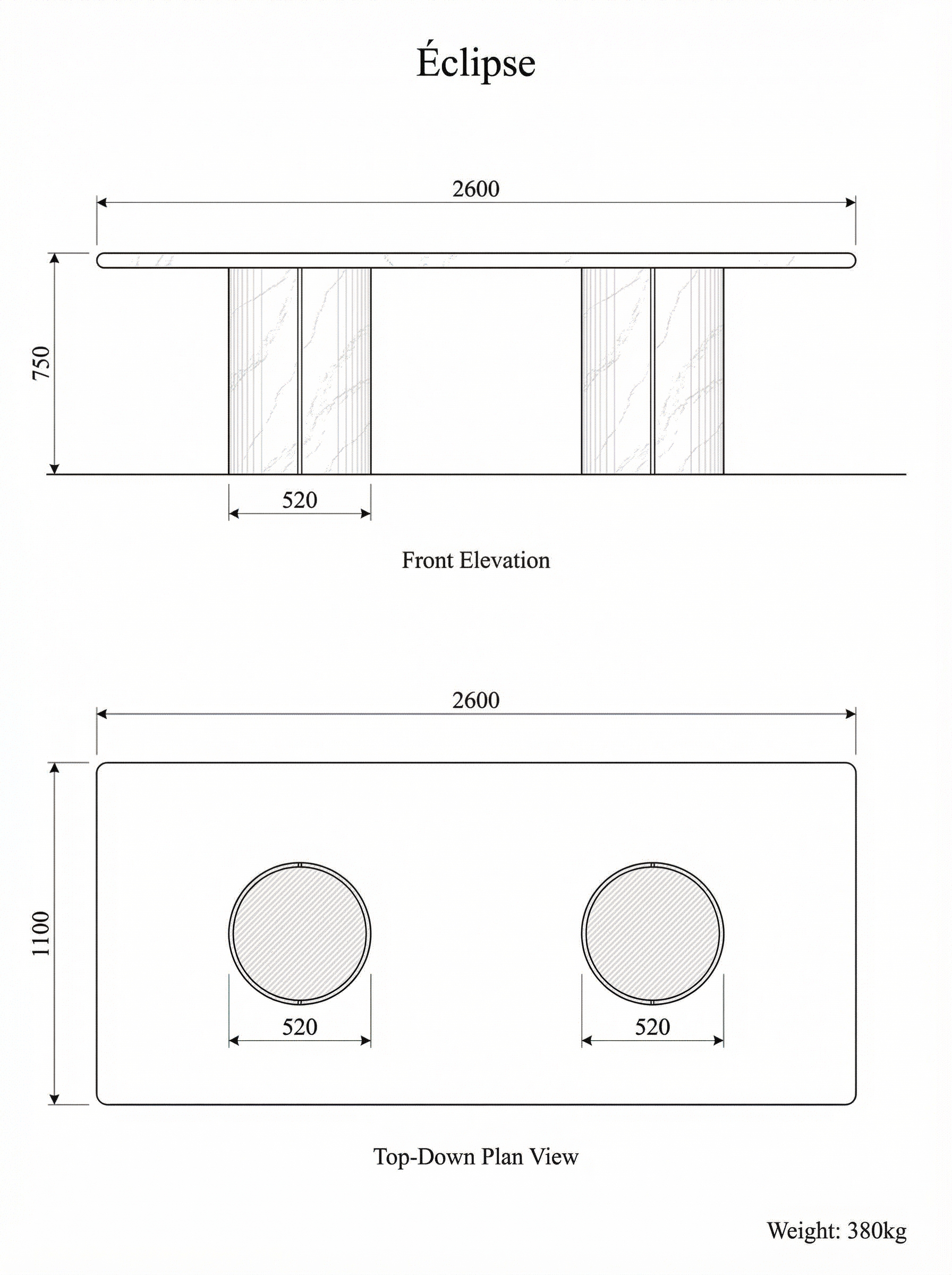Eclipse technical drawing — plan and elevation with diameter dimensions