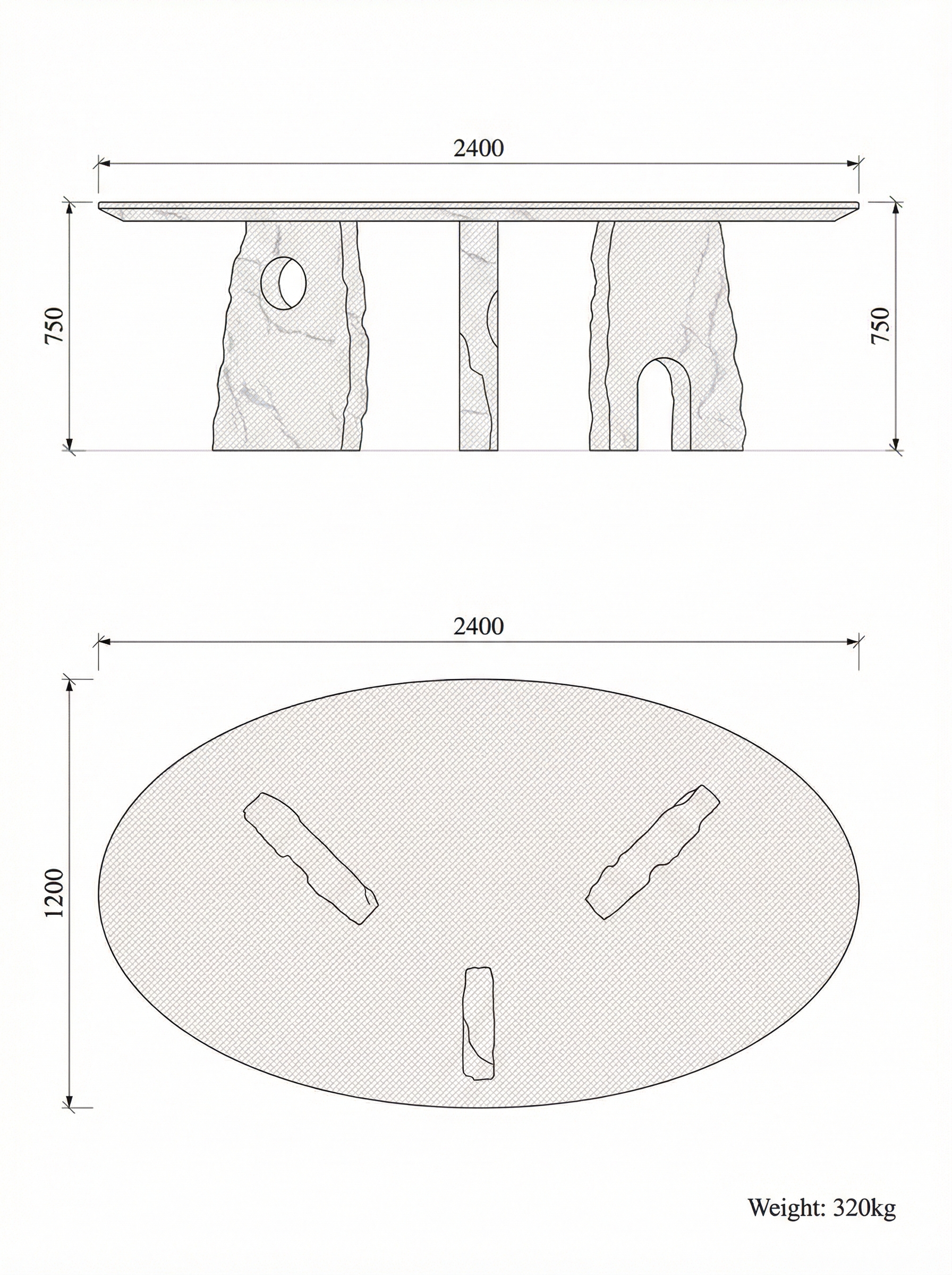 Empire technical drawing — plan and elevation with key dimensions