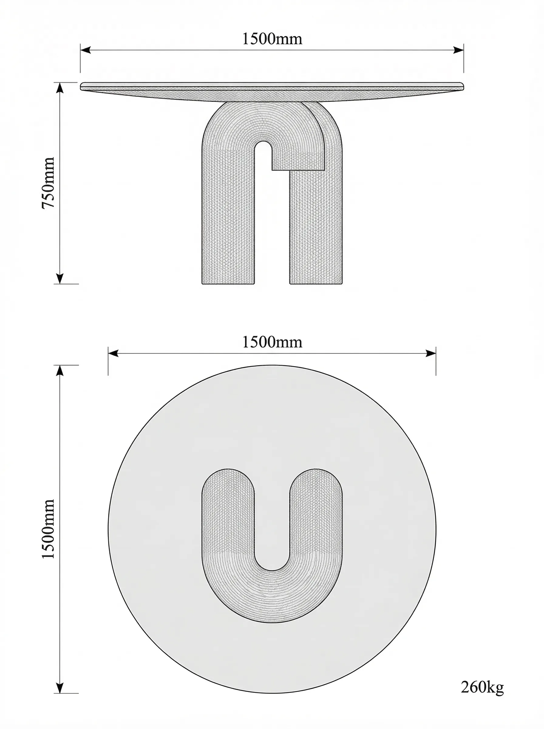 Juni technical drawing — plan and elevation with key dimensions