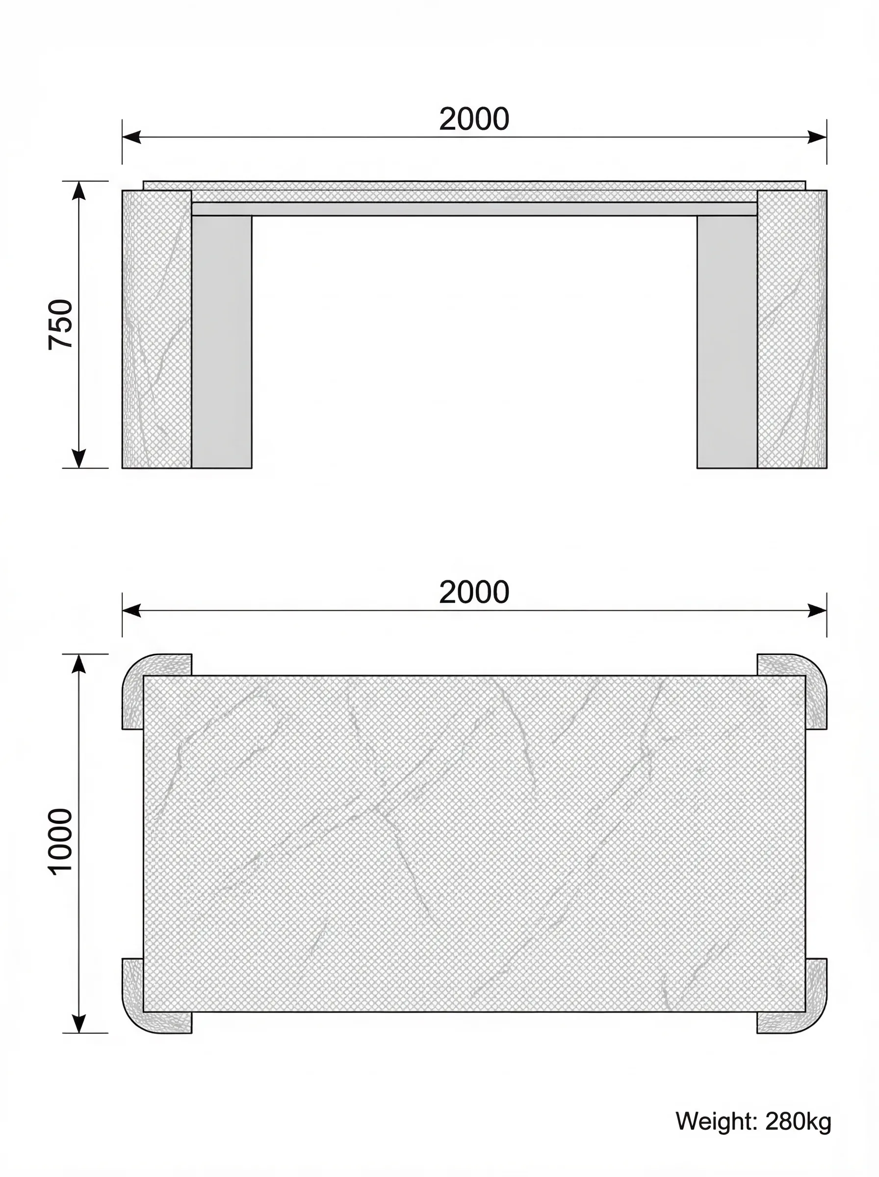 Levante technical drawing — plan and elevation with key dimensions