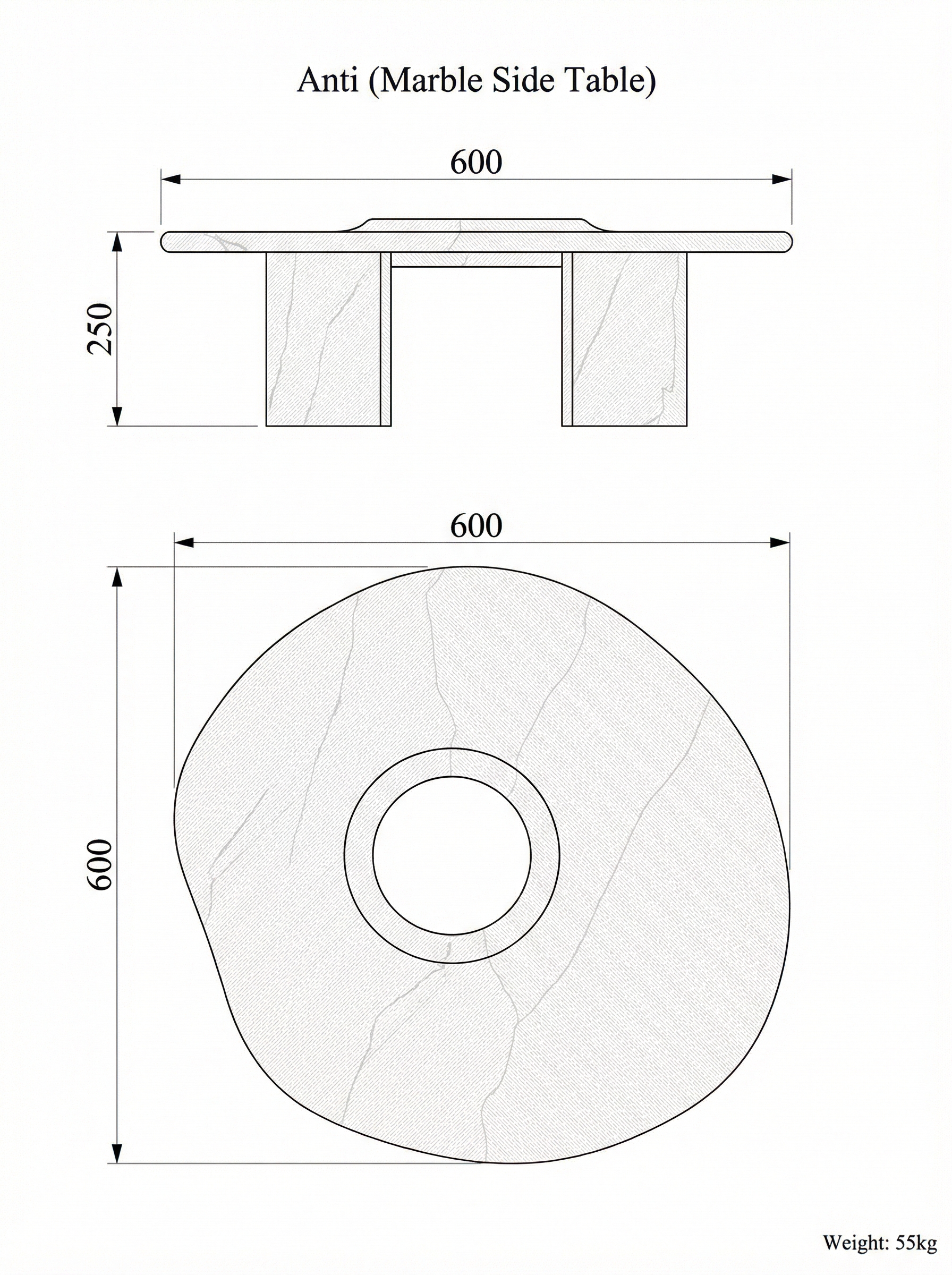 Anti side table technical drawing — top view and elevation with dimensions