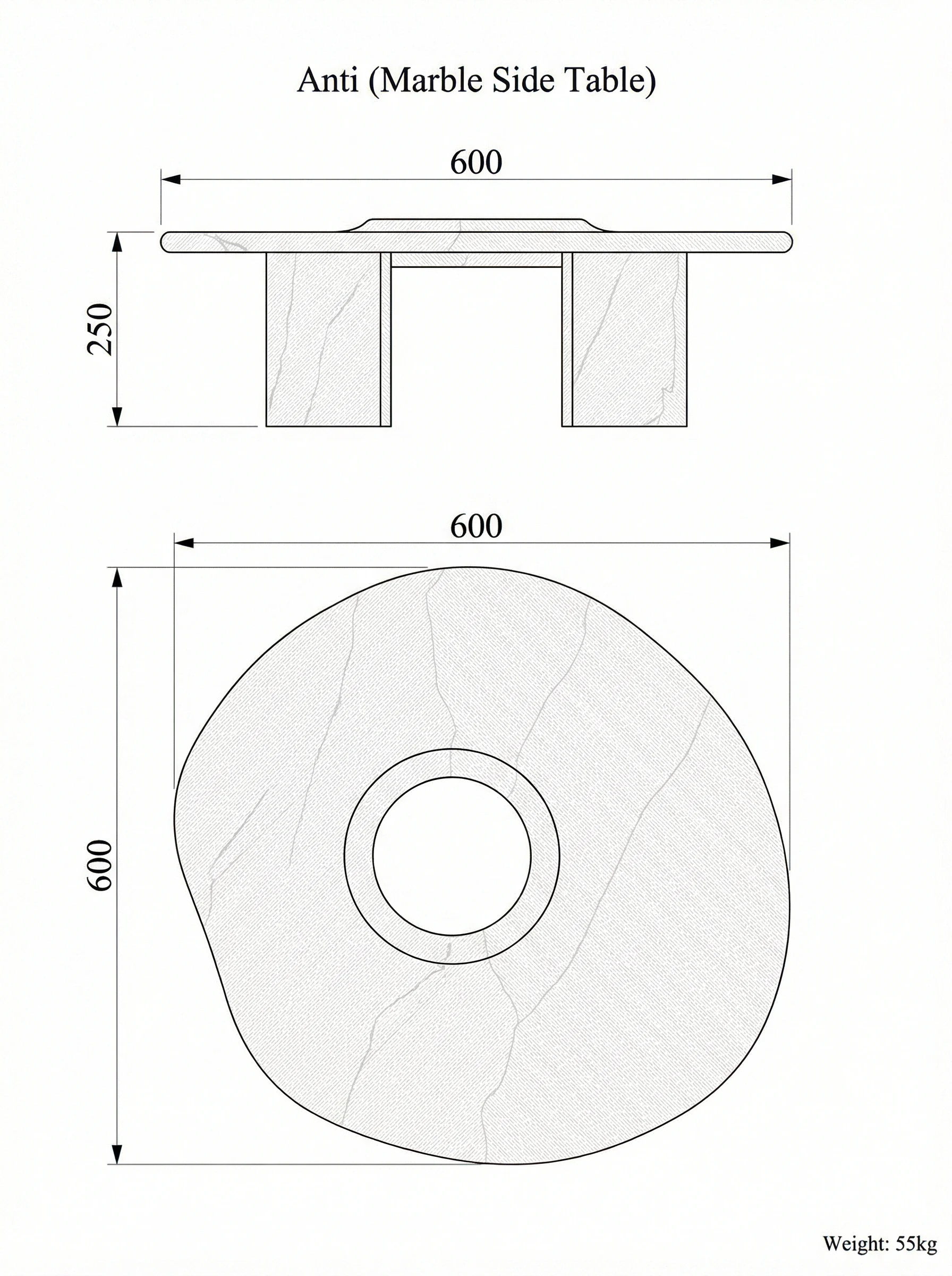Anti side table technical drawing