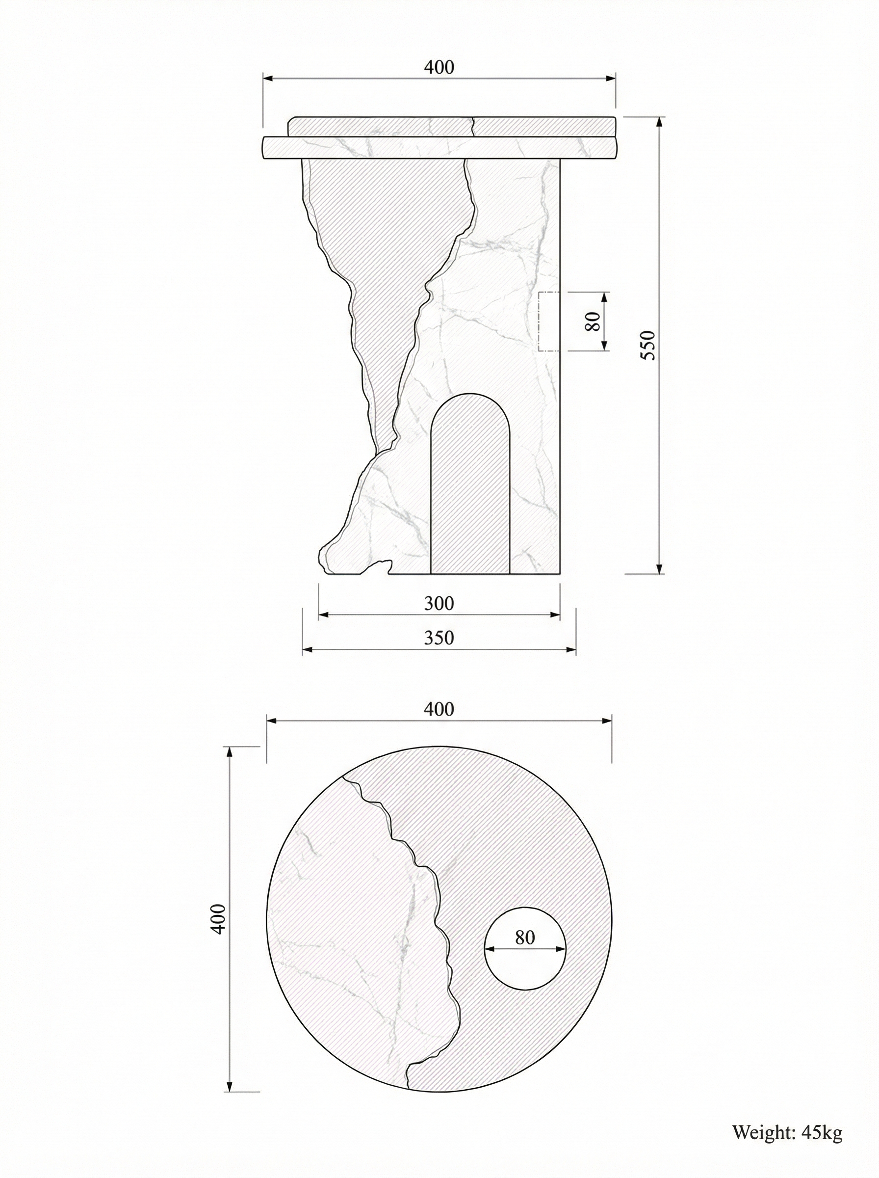 Empire side table technical drawing — front elevation 450 × 550 mm, top plan 450 × 450 mm