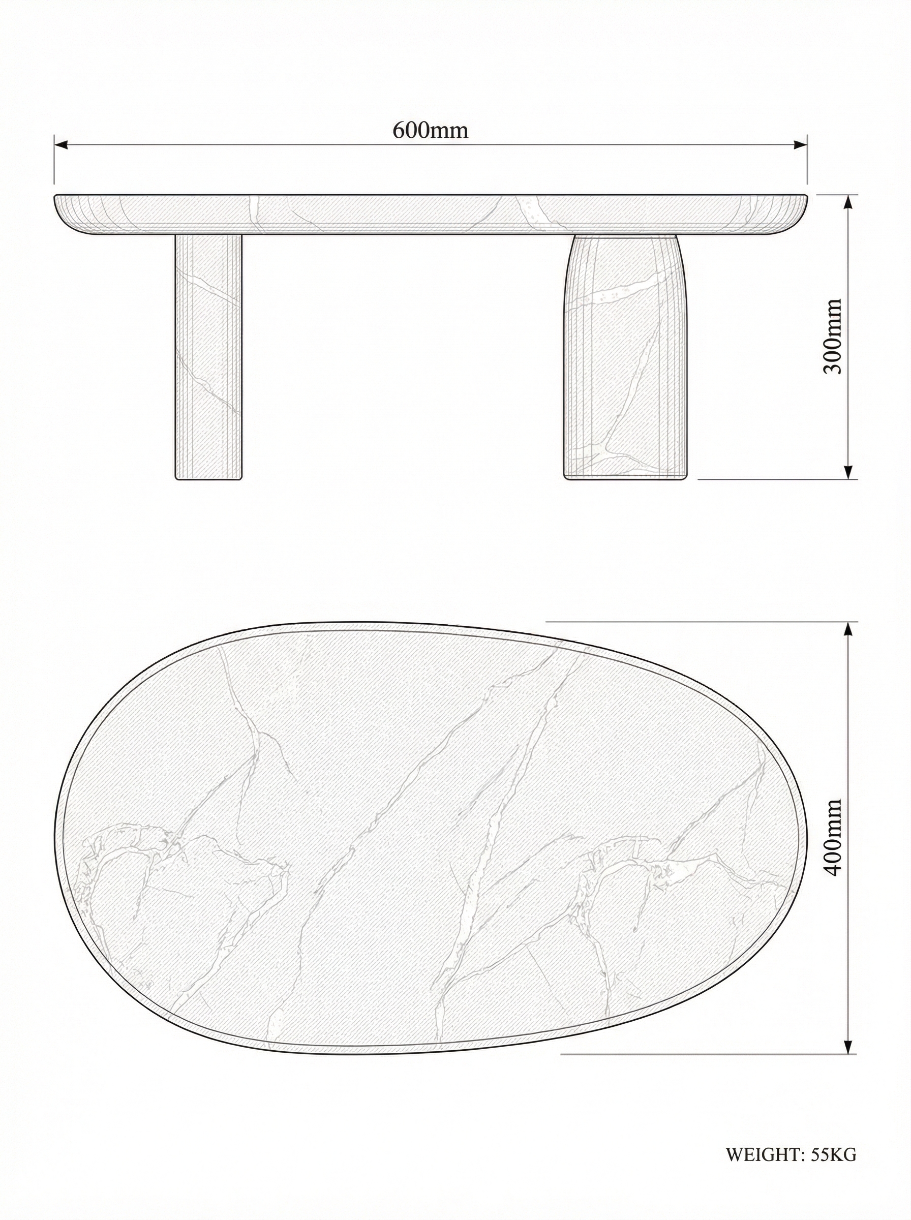 Icaro side table technical drawing — top view and front elevation with dimensions