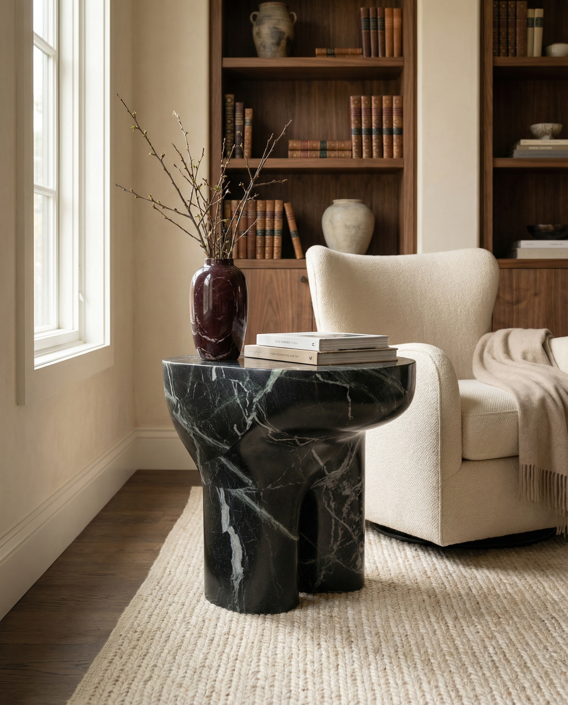 Morphe side table — monolithic marble form tapering from base to top