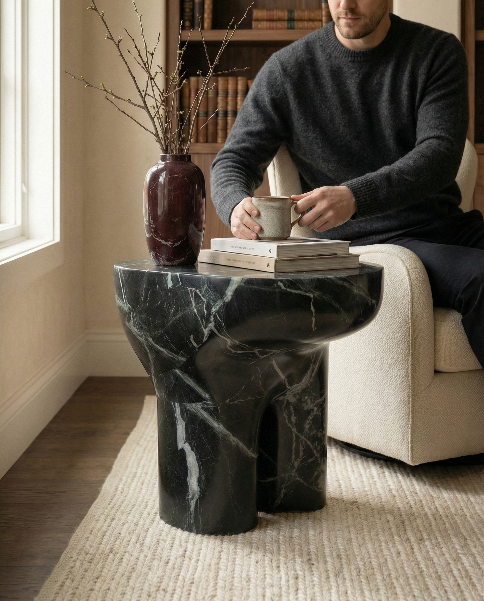 Morphe side table beside a sofa — scale and proportion in context