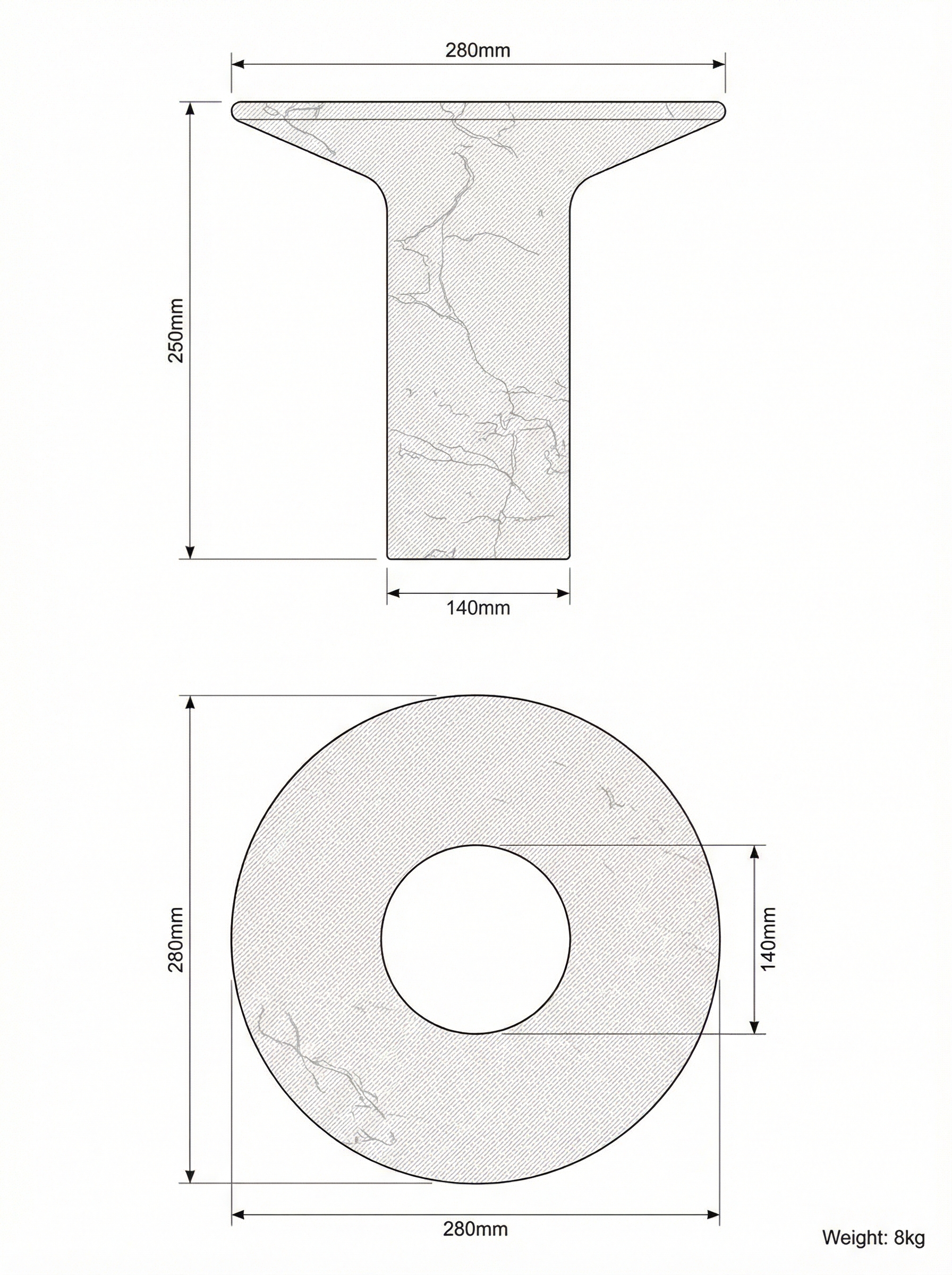 Deau vase technical drawing — elevation and plan with dimensions