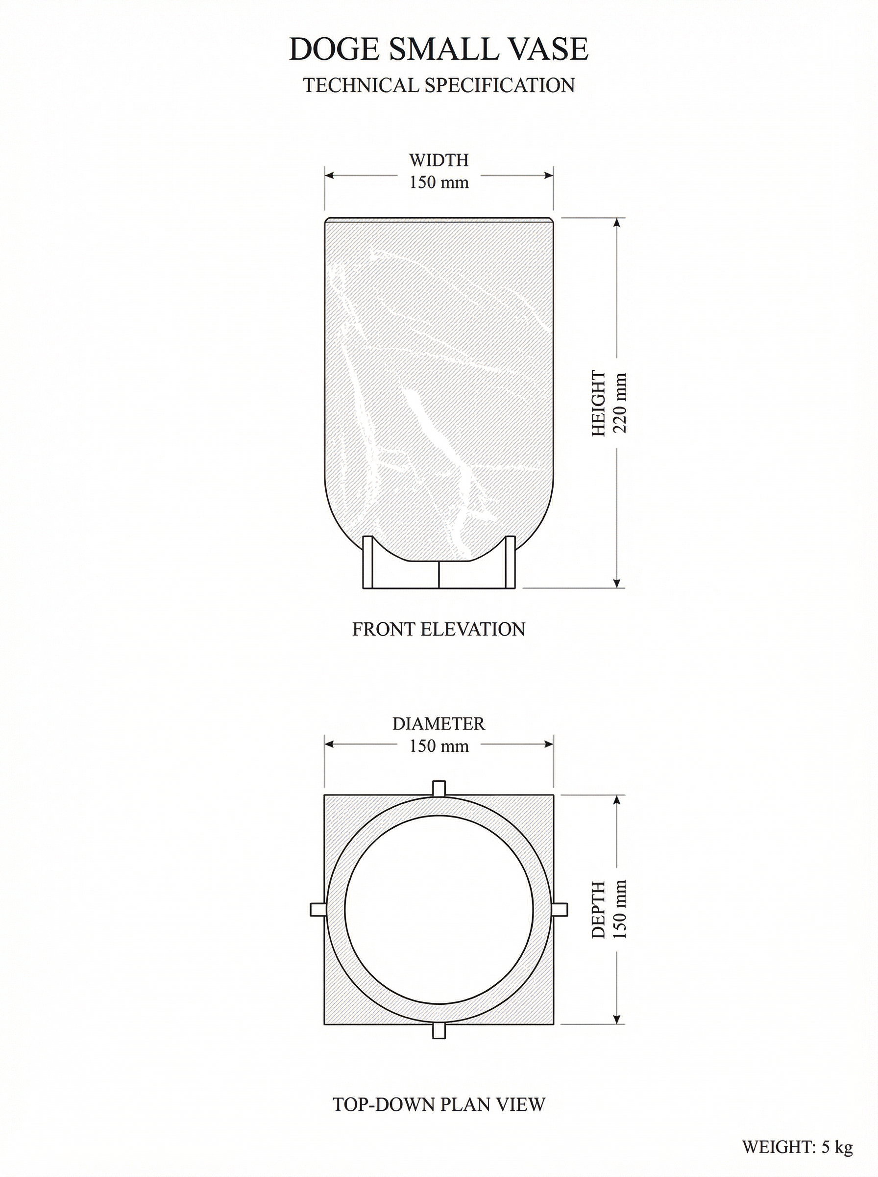 Doge Small technical drawing — elevation and plan with dimensions