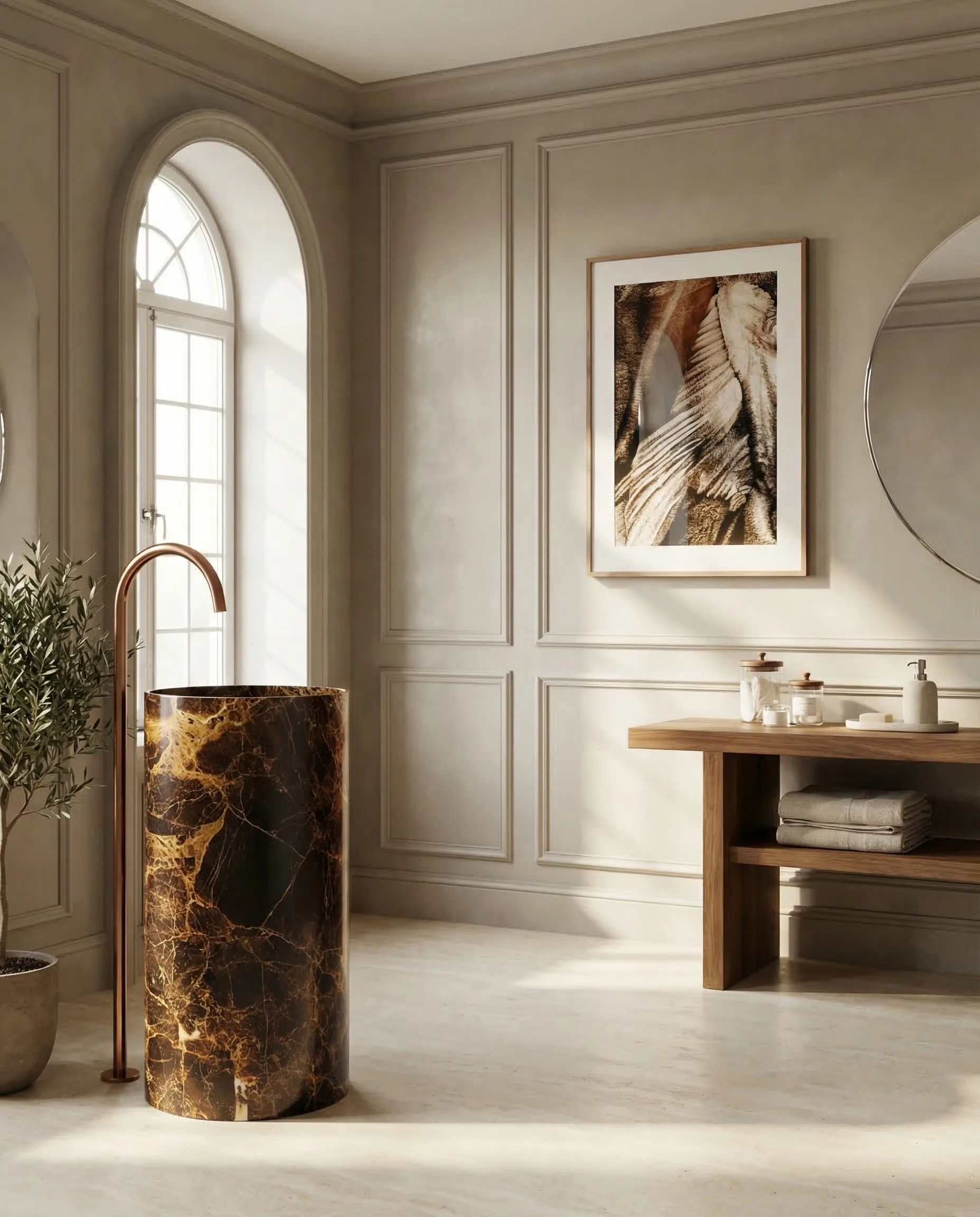 Circle High Washbasin — monolithic stone basin as sculptural centrepiece