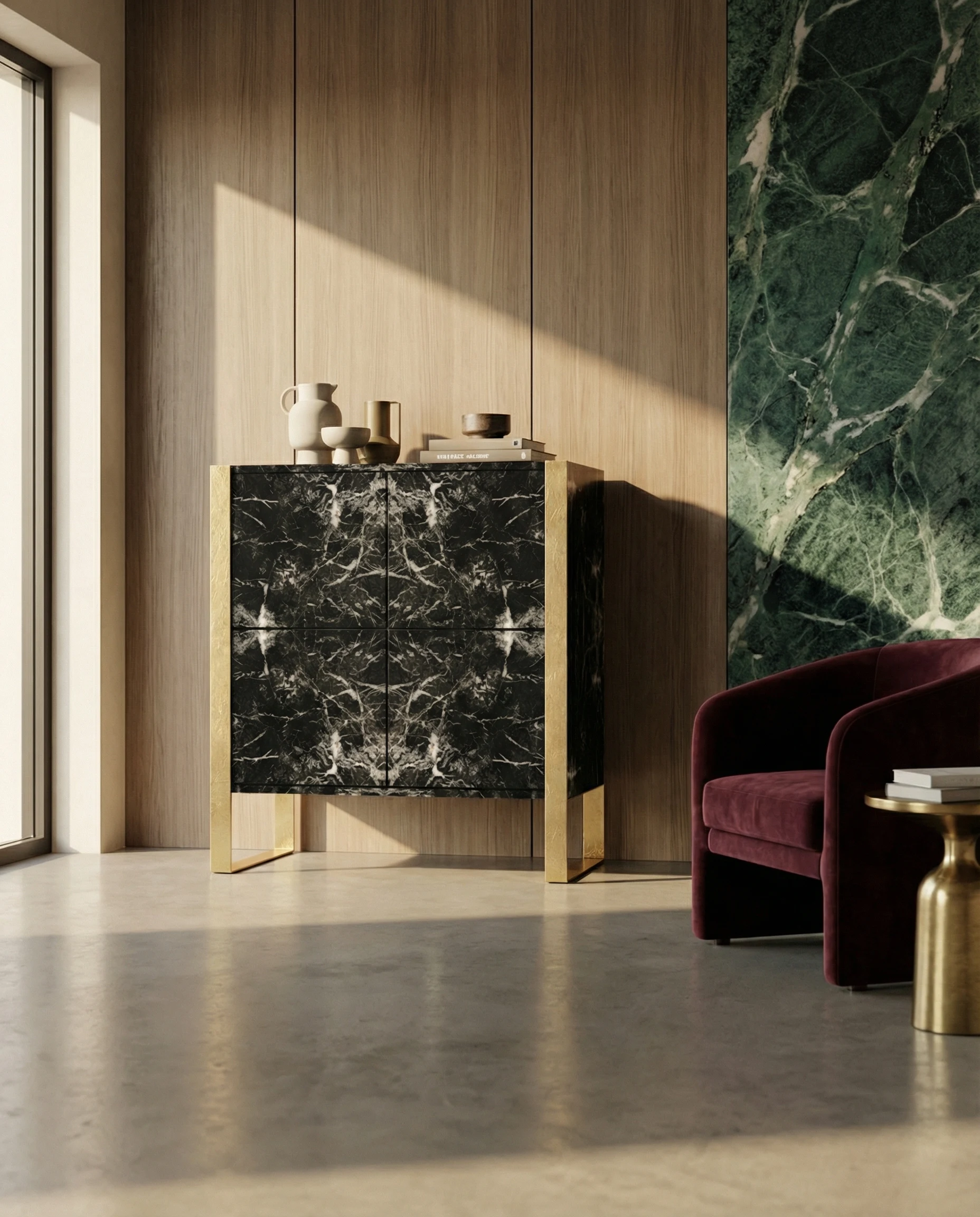 Aida Cabinet — bookmatched marble on brass