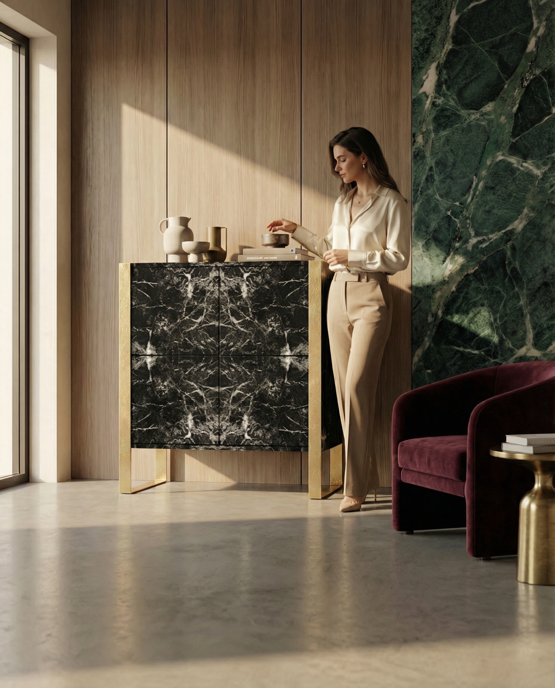 Aida Cabinet — stone-fronted bespoke cabinet with considered joinery