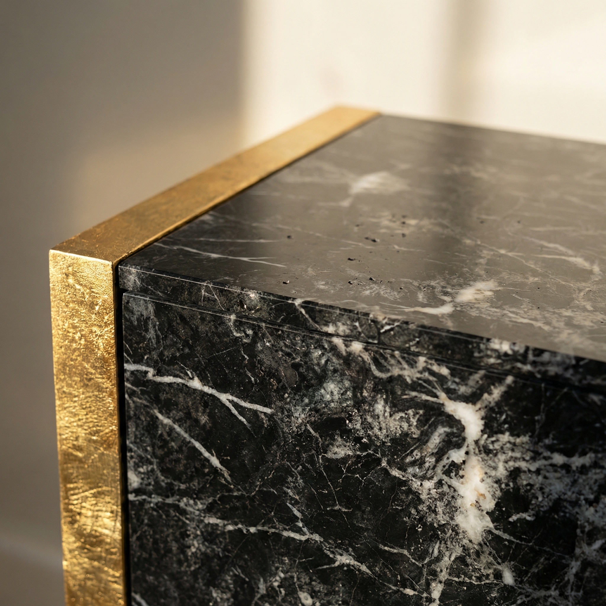 Nero Marquina marble surface with brass channel detail