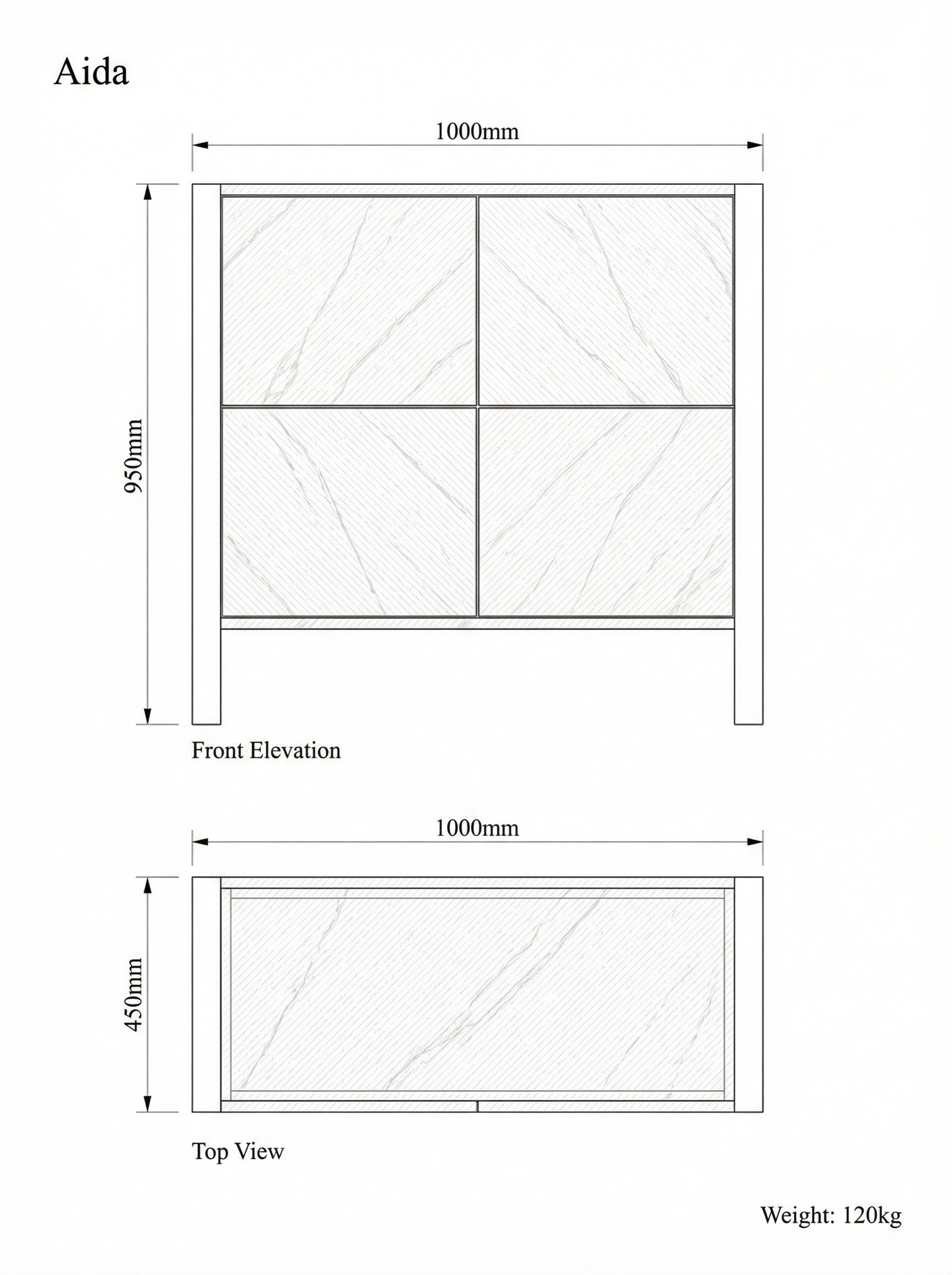 Aida cabinet technical drawing — front elevation 1000 × 950 mm, top view 1000 × 450 mm