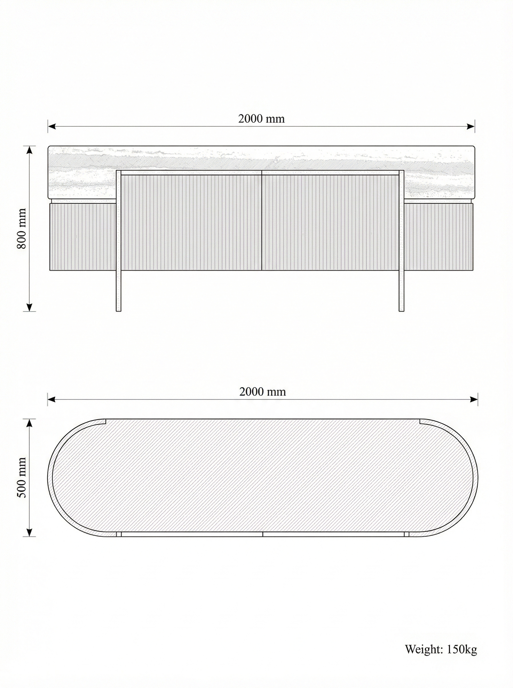 Priamo sideboard technical drawing — front elevation 1400 × 800 mm, top view 1400 × 420 mm
