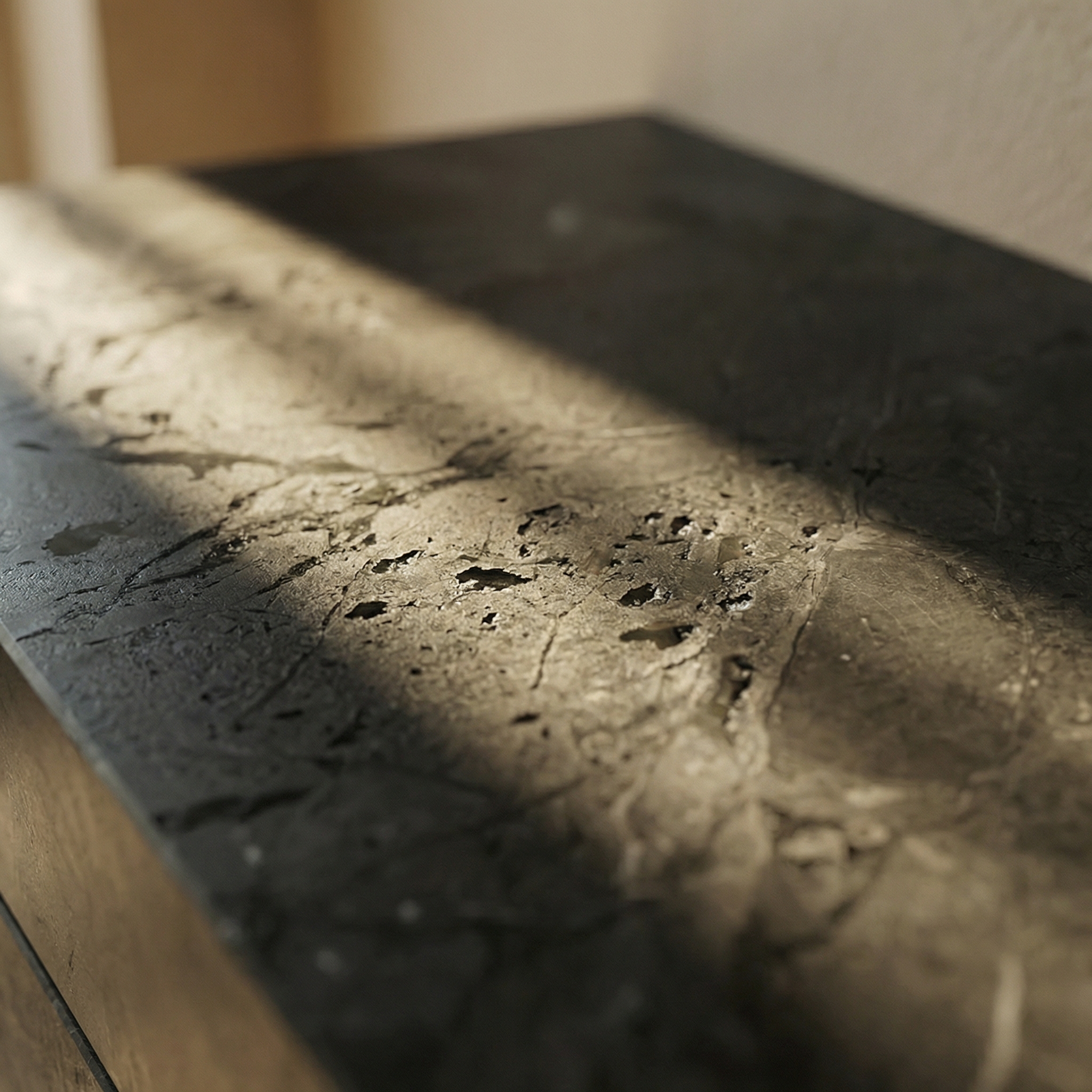 Calacatta Oro surface with blackened steel channel detail