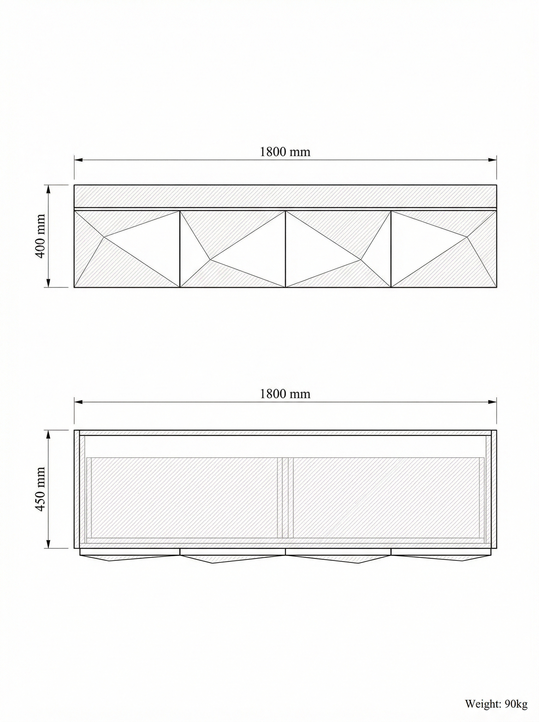 Punta Due cabinet technical drawing — front elevation and top view