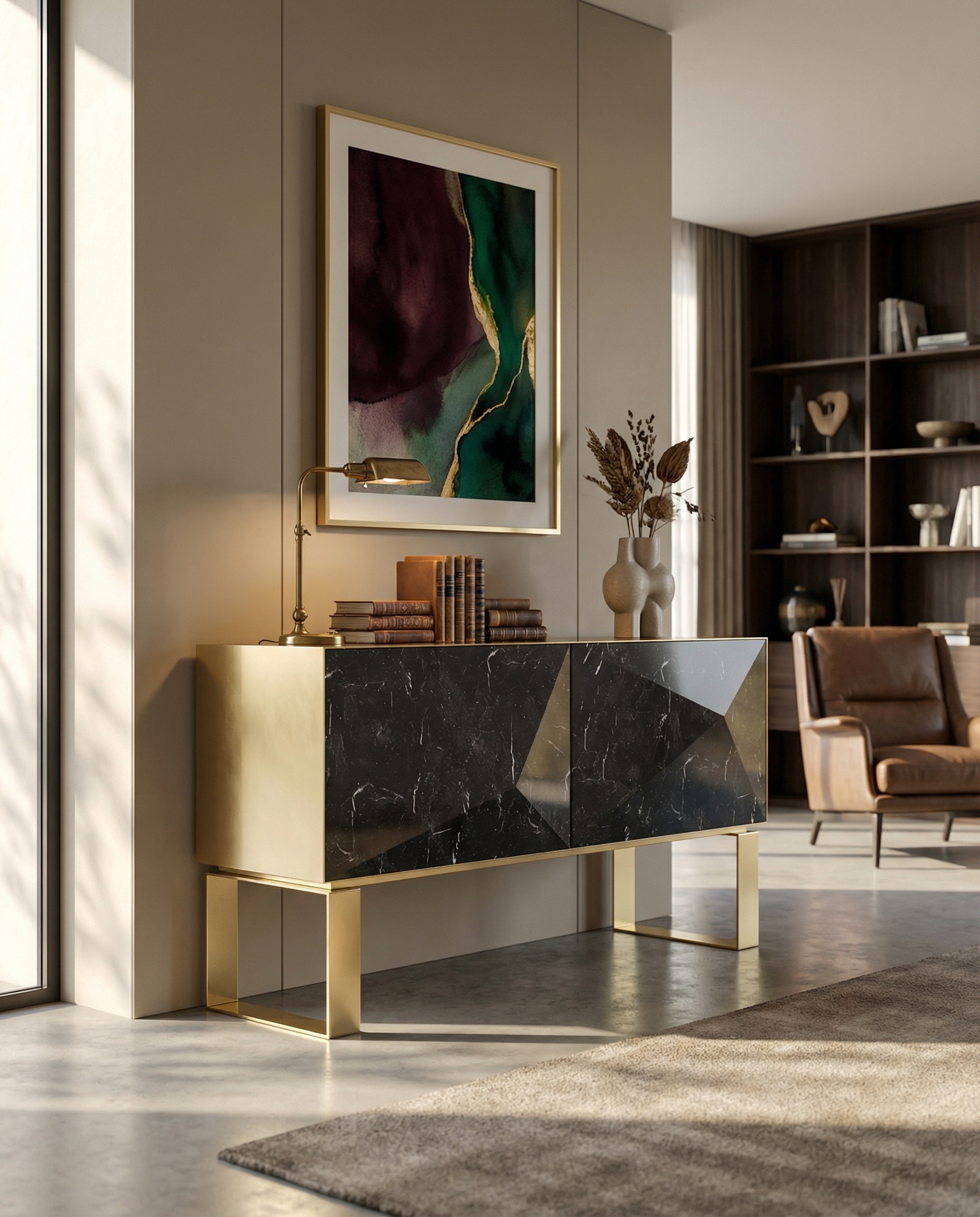 Punta cabinet — faceted Nero Marquina marble with hand-brushed brass frame