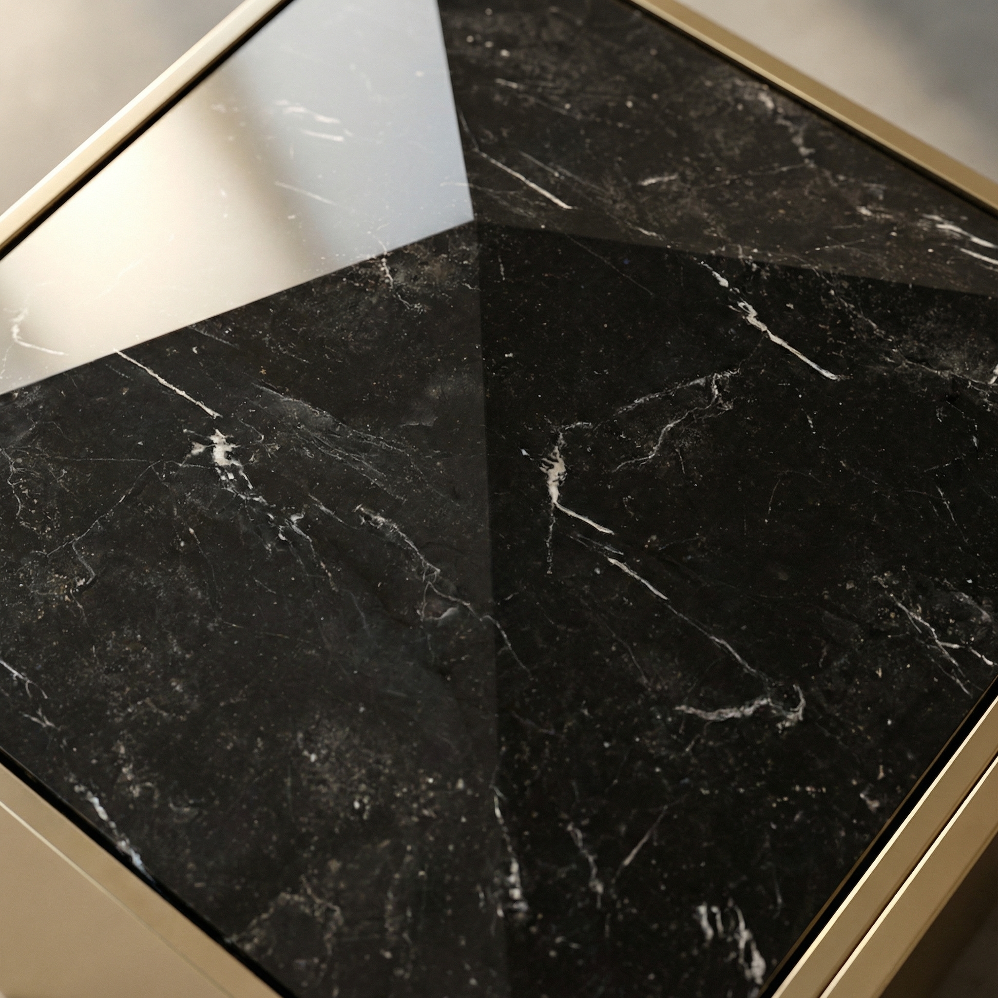 Extreme closeup of faceted Nero Marquina marble panels