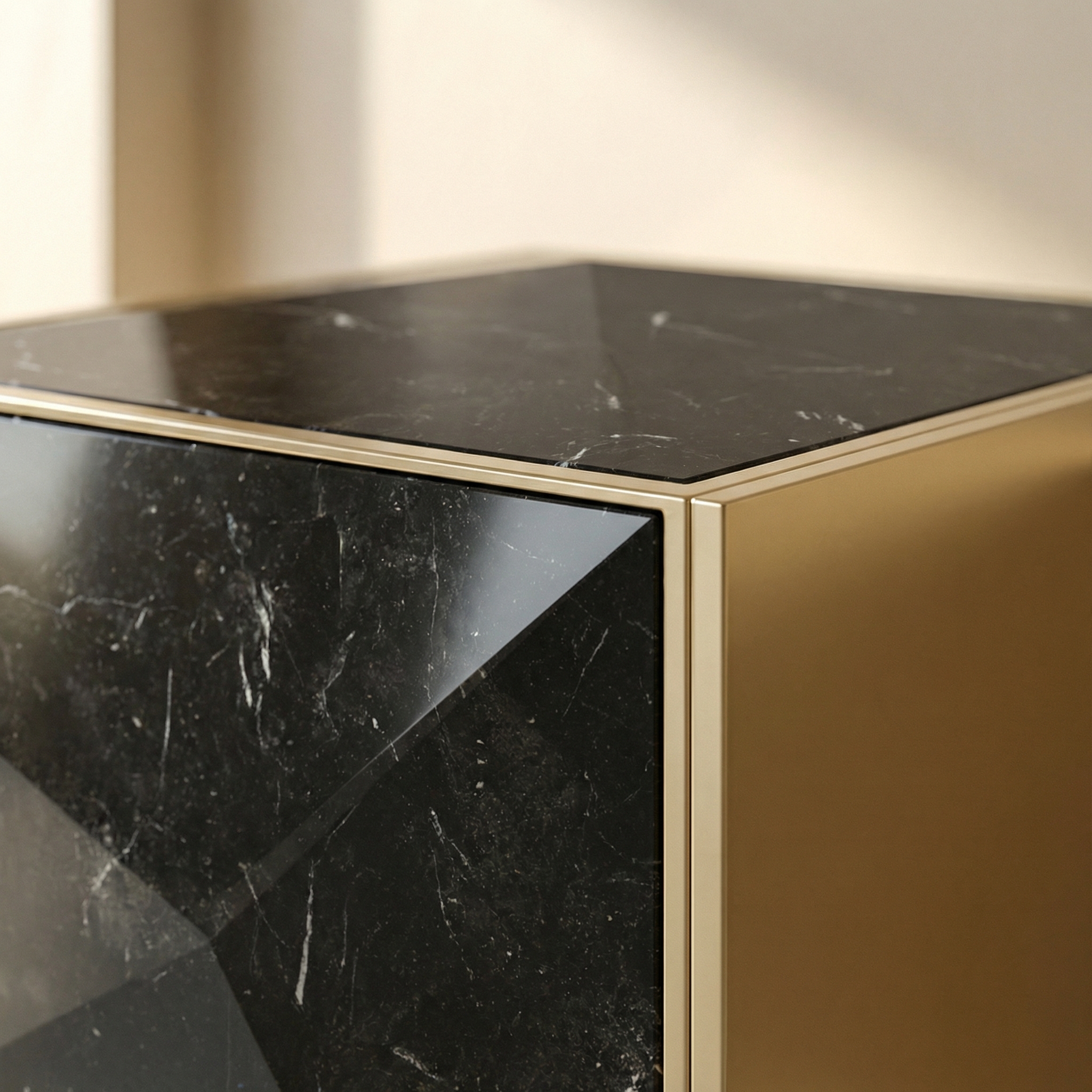 Brass frame corner meeting polished marble top
