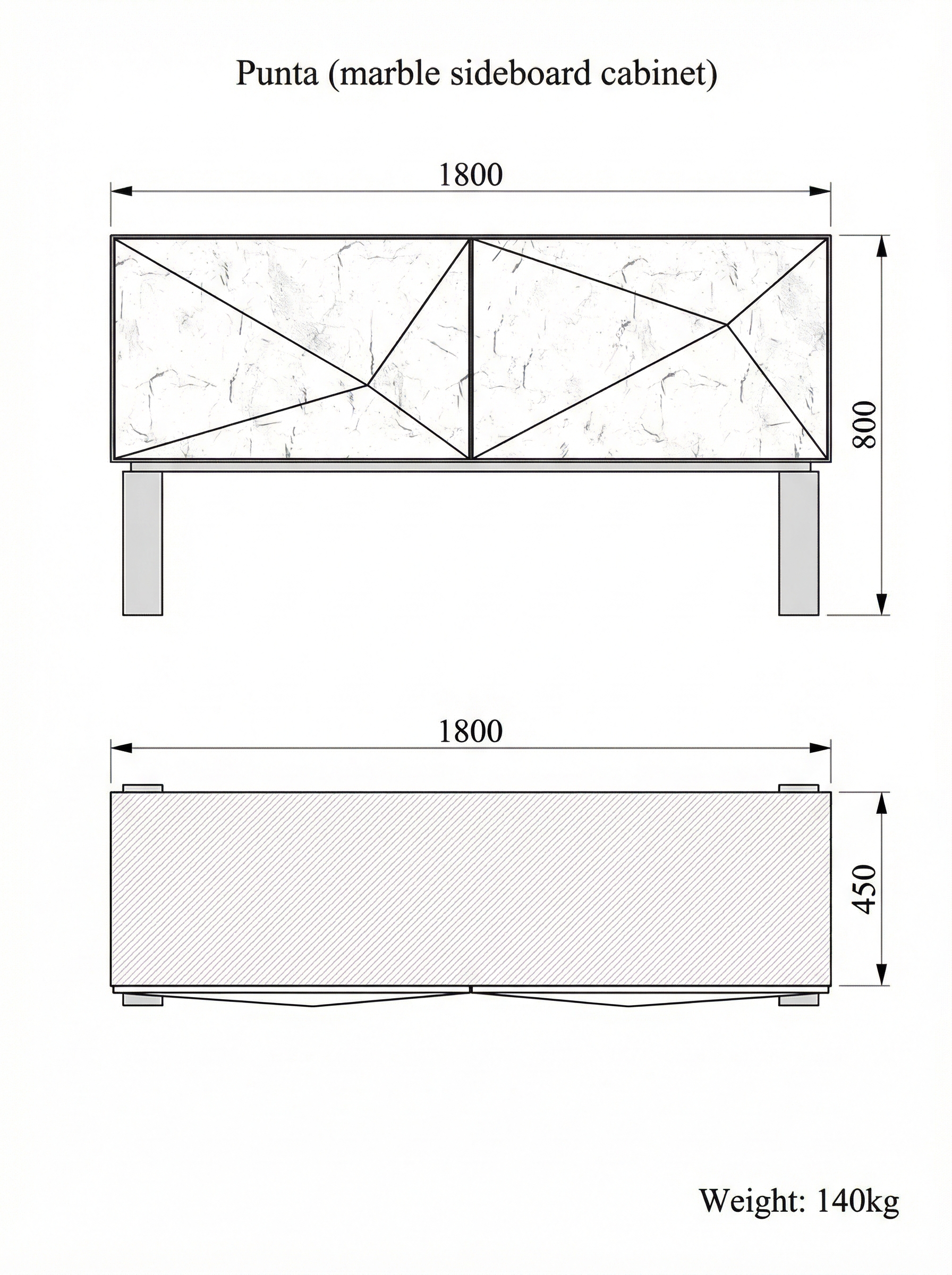 Punta cabinet technical drawing — front elevation 1800 × 800 mm, top view 1800 × 450 mm