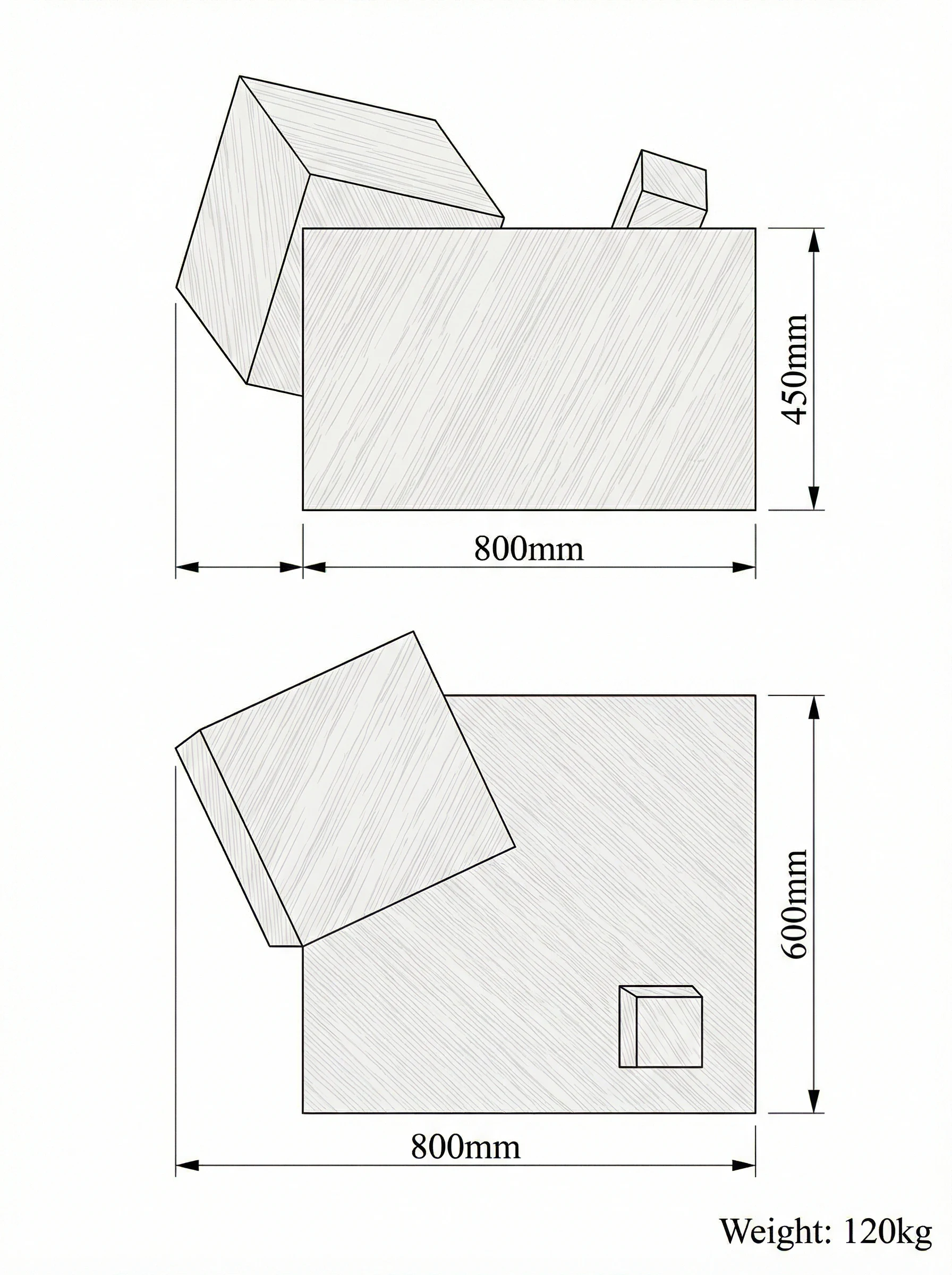 Crystal coffee table technical drawing — top view and elevation 1200 × 650 × 350 mm