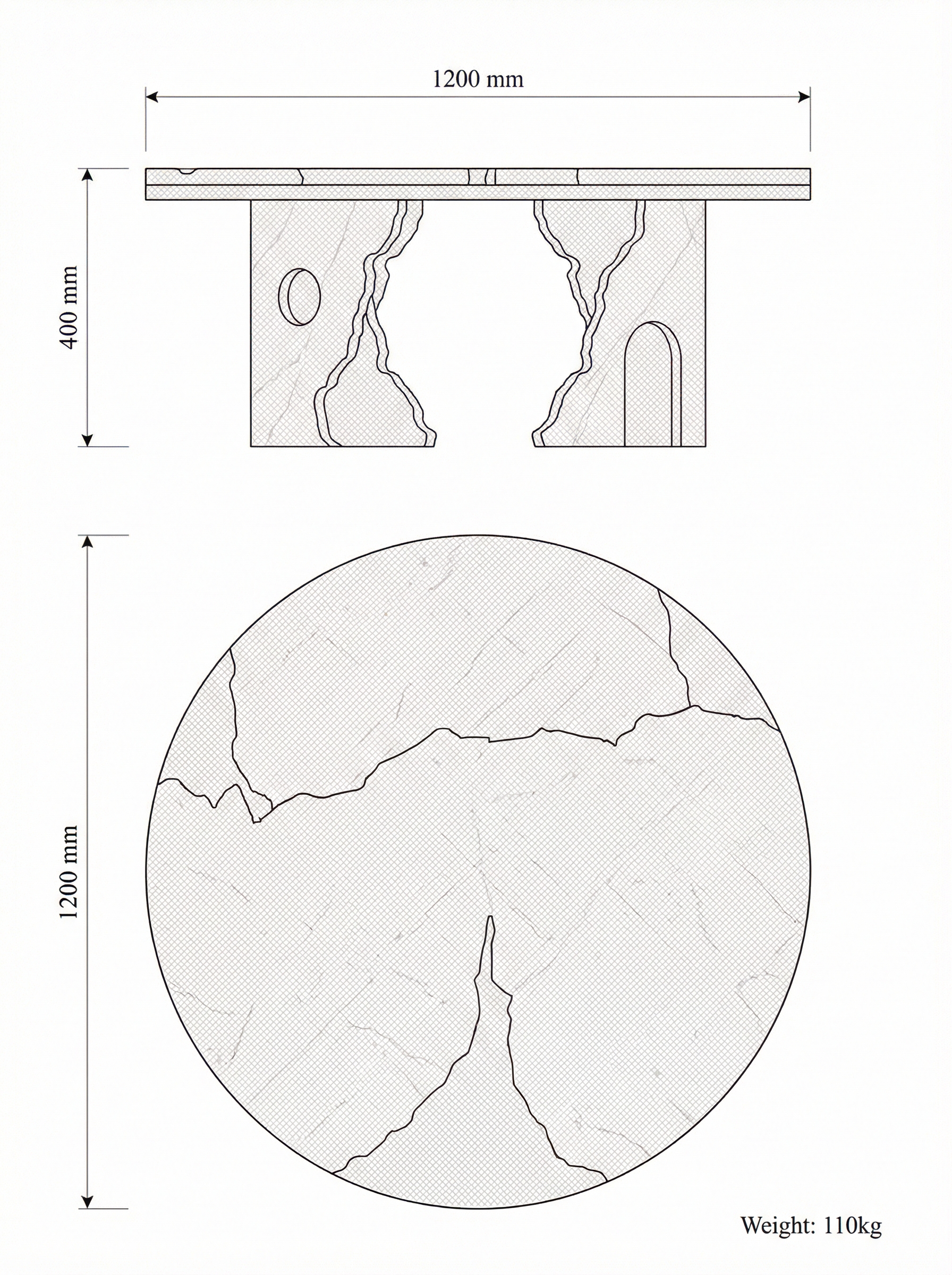 Empire coffee table technical drawing — plan and elevation with dimensions