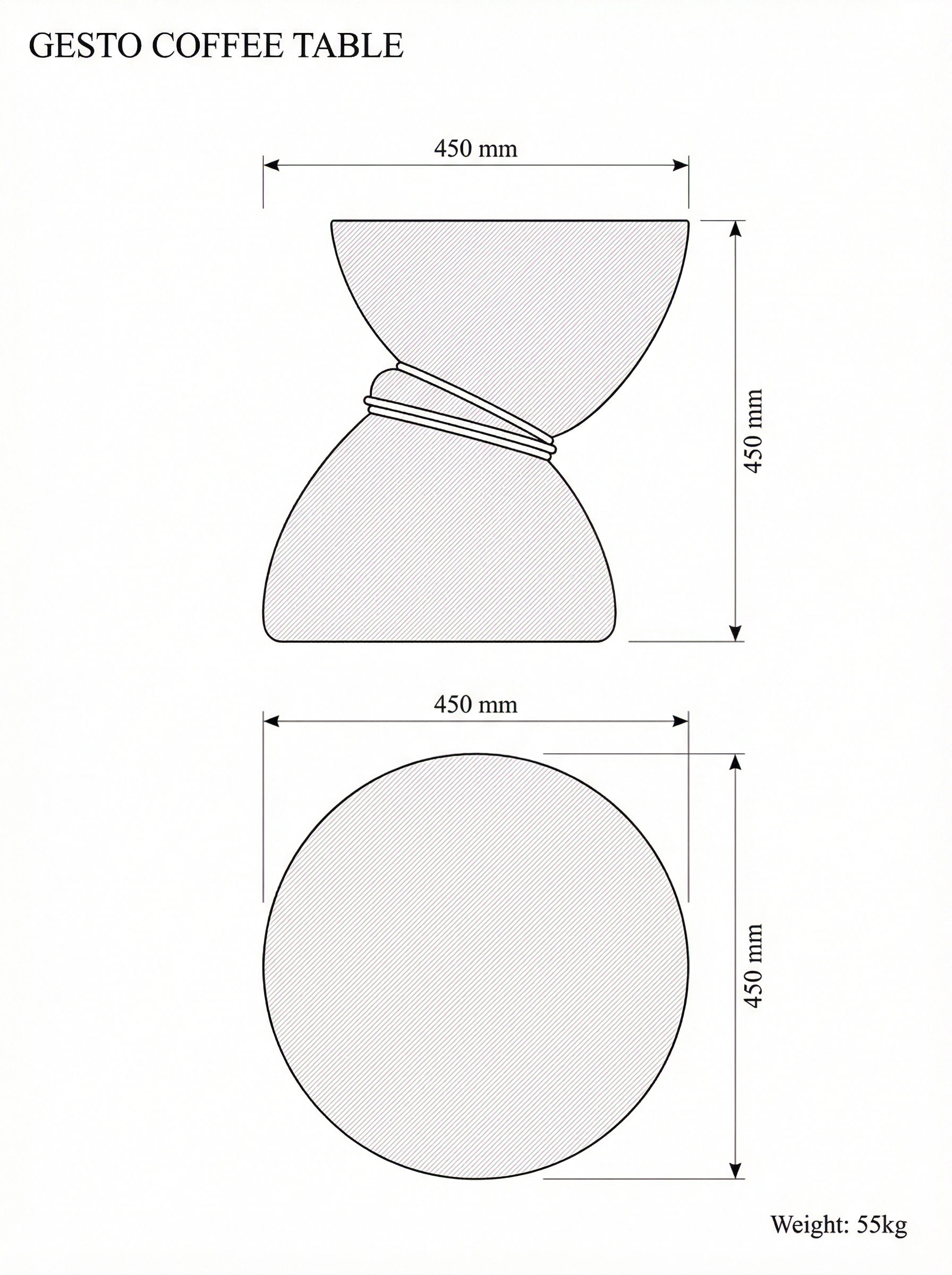 Gesto coffee table technical drawing — plan and elevation with dimensions
