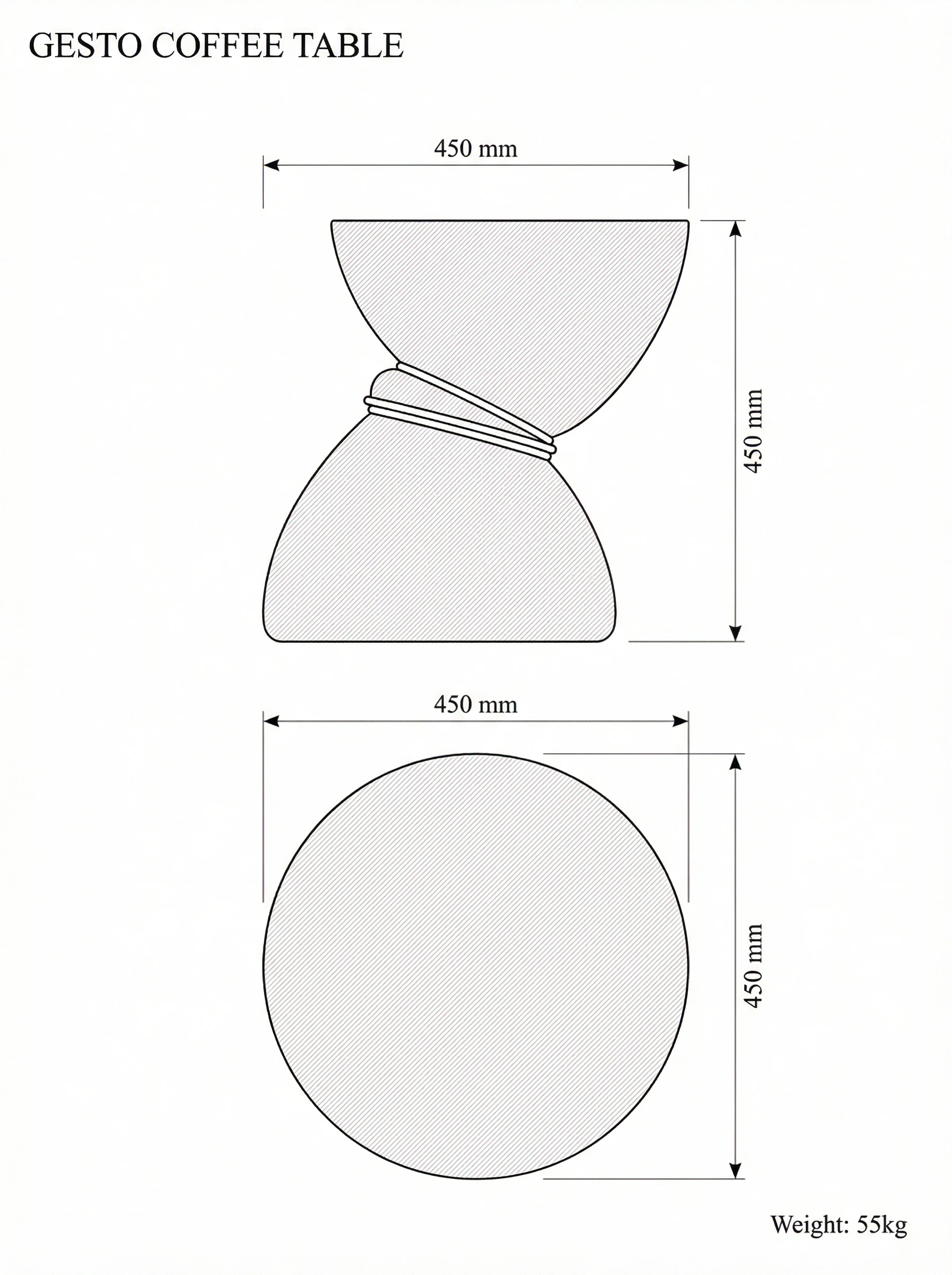 Gesto coffee table technical drawing — plan and elevation with dimensions