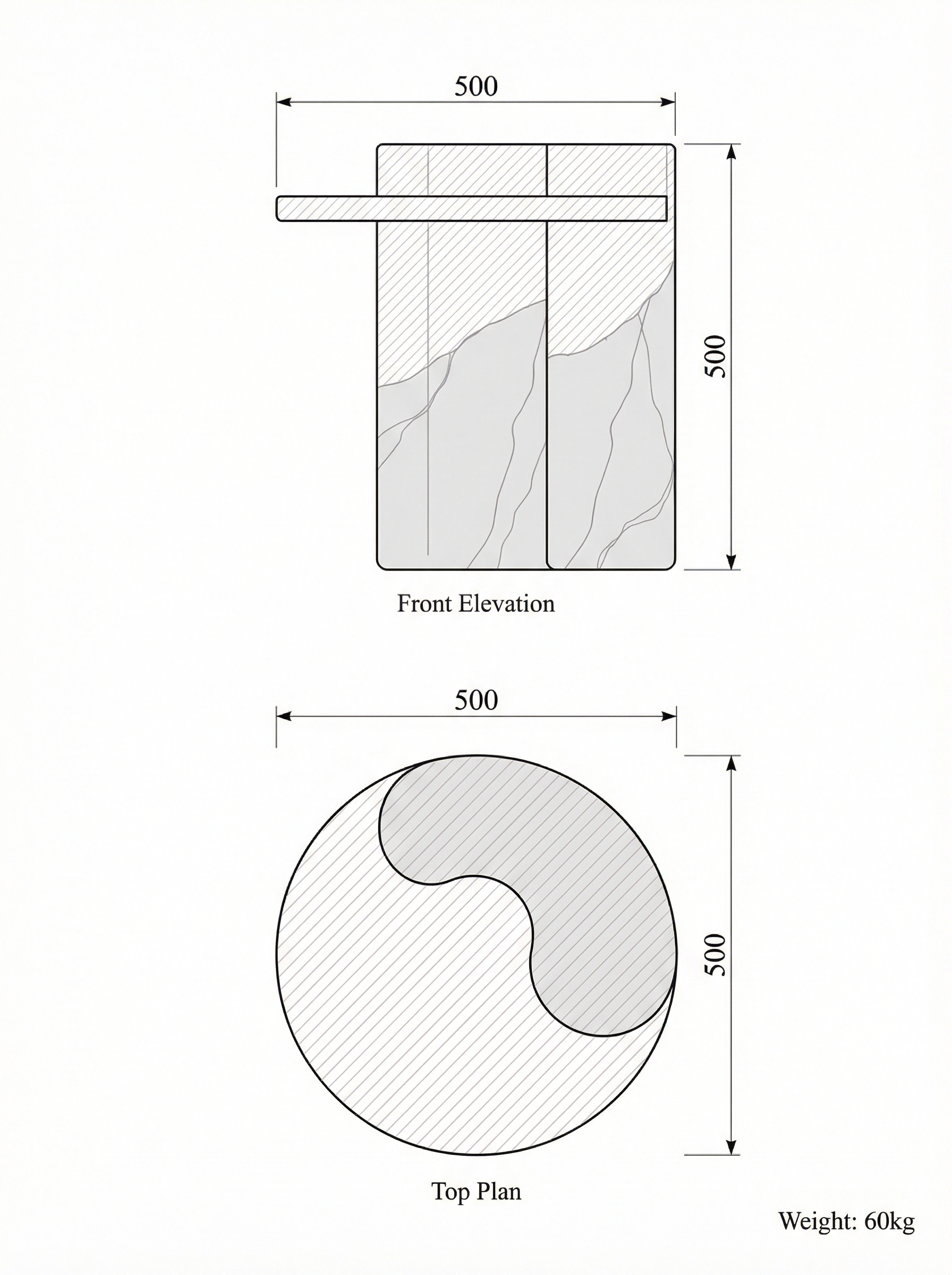 Lavanche coffee table technical drawing — plan and elevation with dimensions
