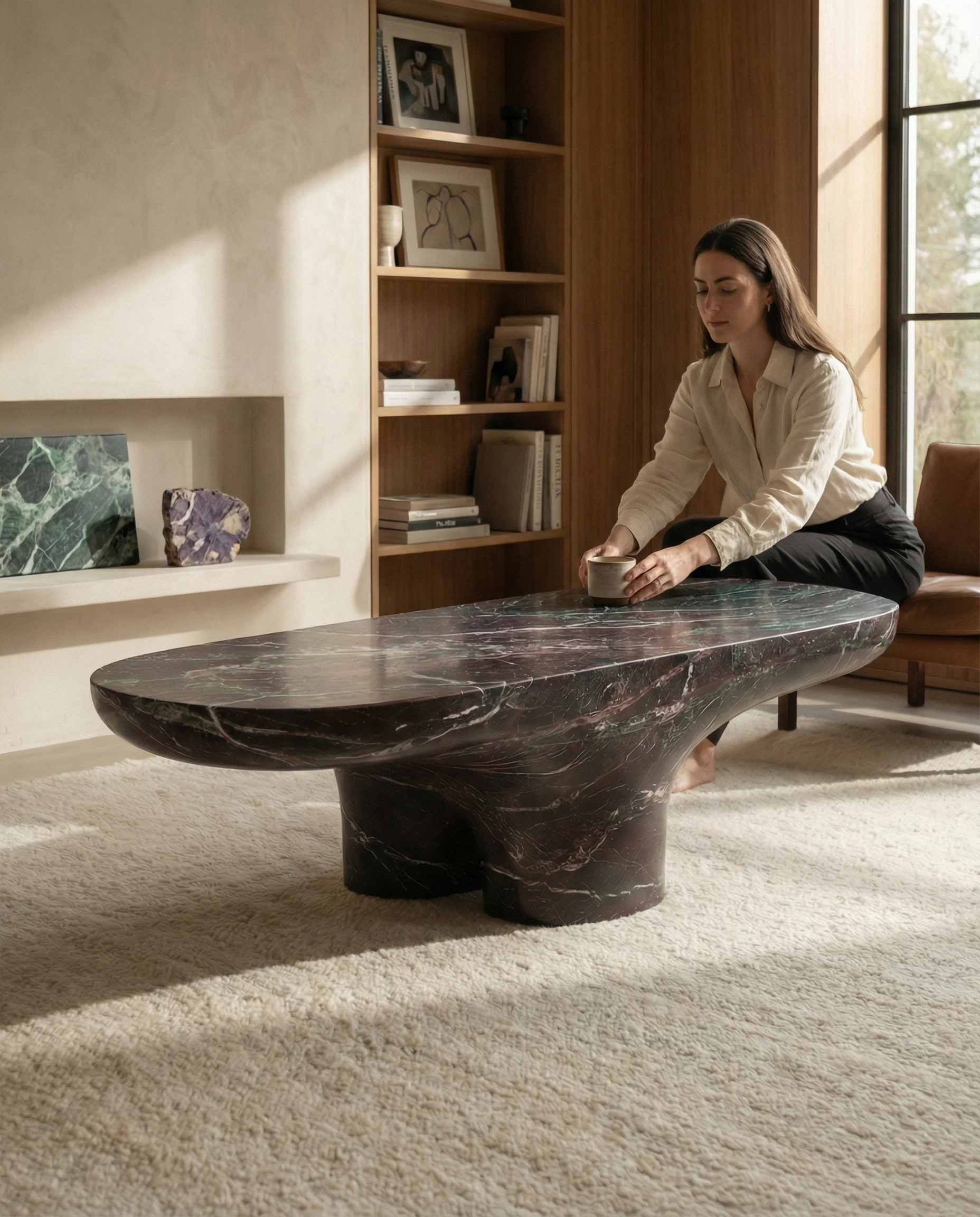 Morphe table at human scale in a refined living space