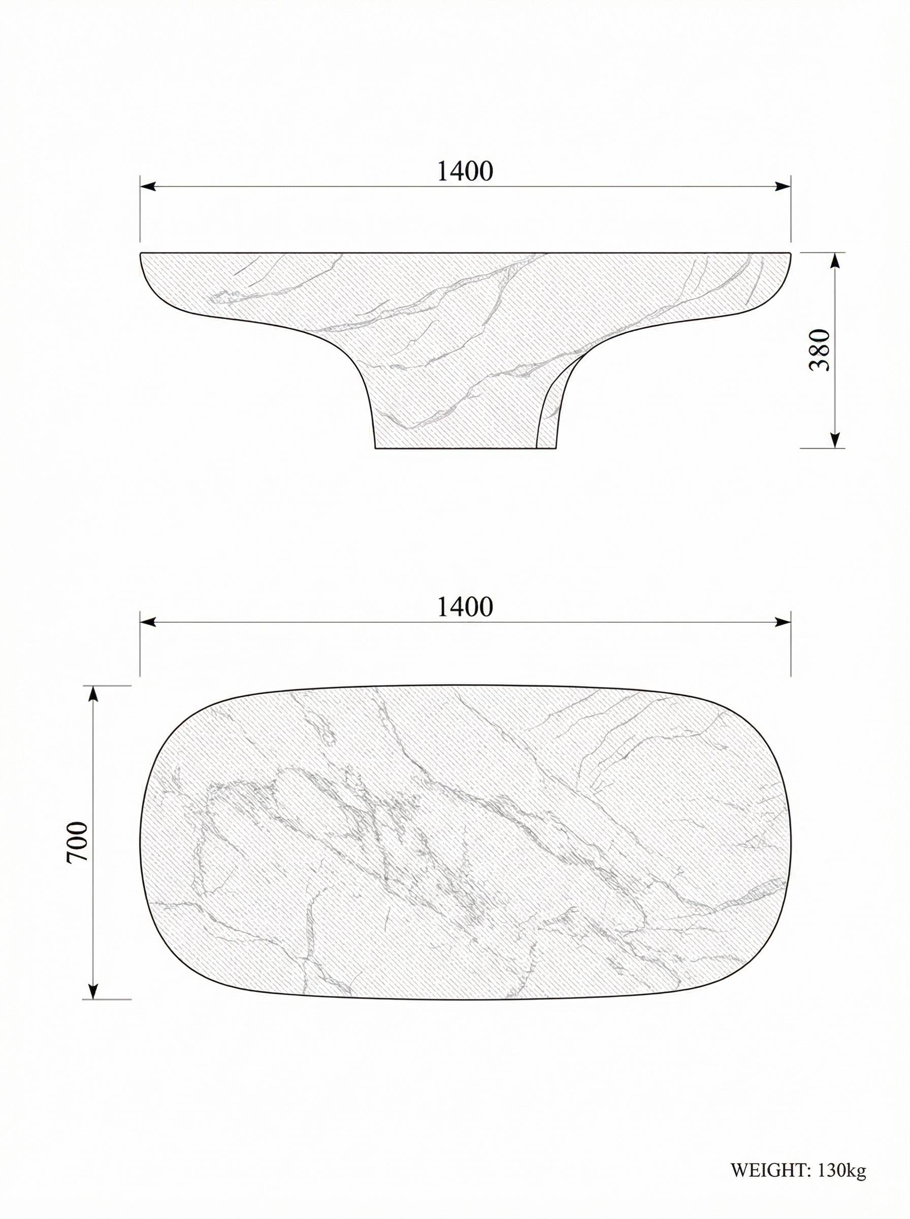 Morphe coffee table technical drawing — plan and elevation with dimensions