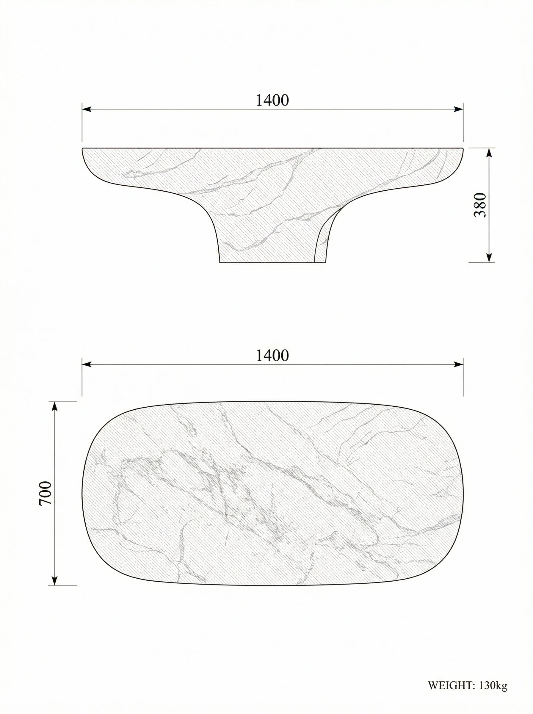 Morphe coffee table technical drawing — plan and elevation with dimensions 1200 × 700 × 370 mm