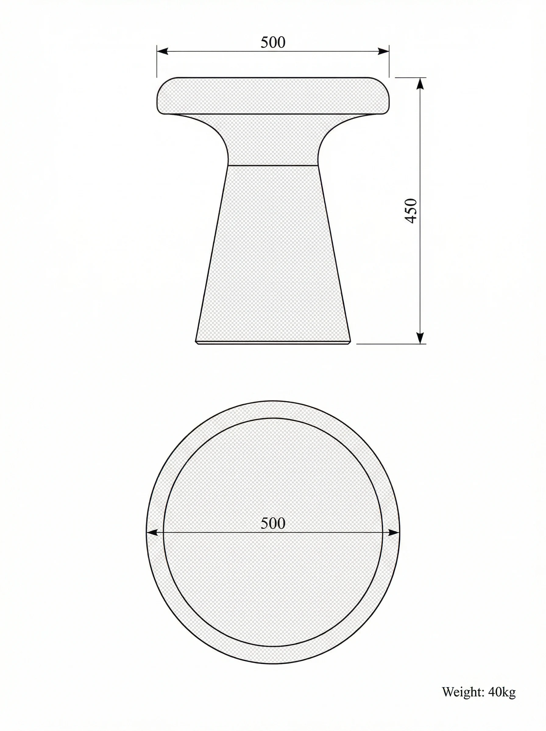 Terra coffee table technical drawing — top view 1300 × 750 mm, side elevation 320 mm height